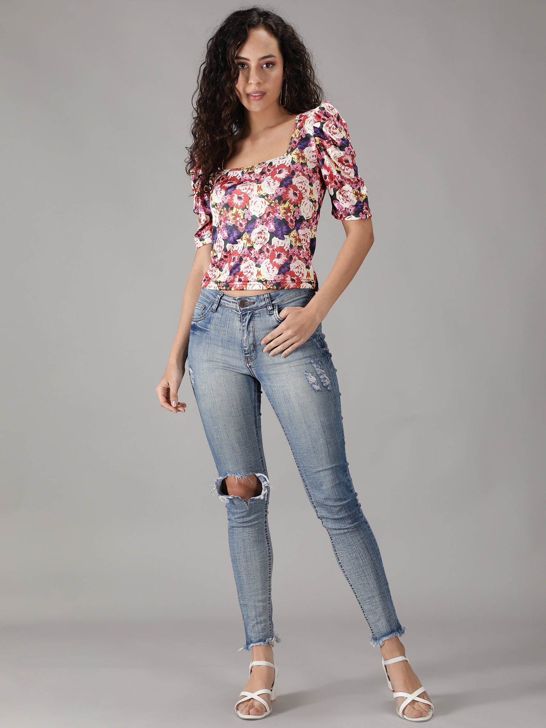 SmisingBee Square Neck Floral Print Top