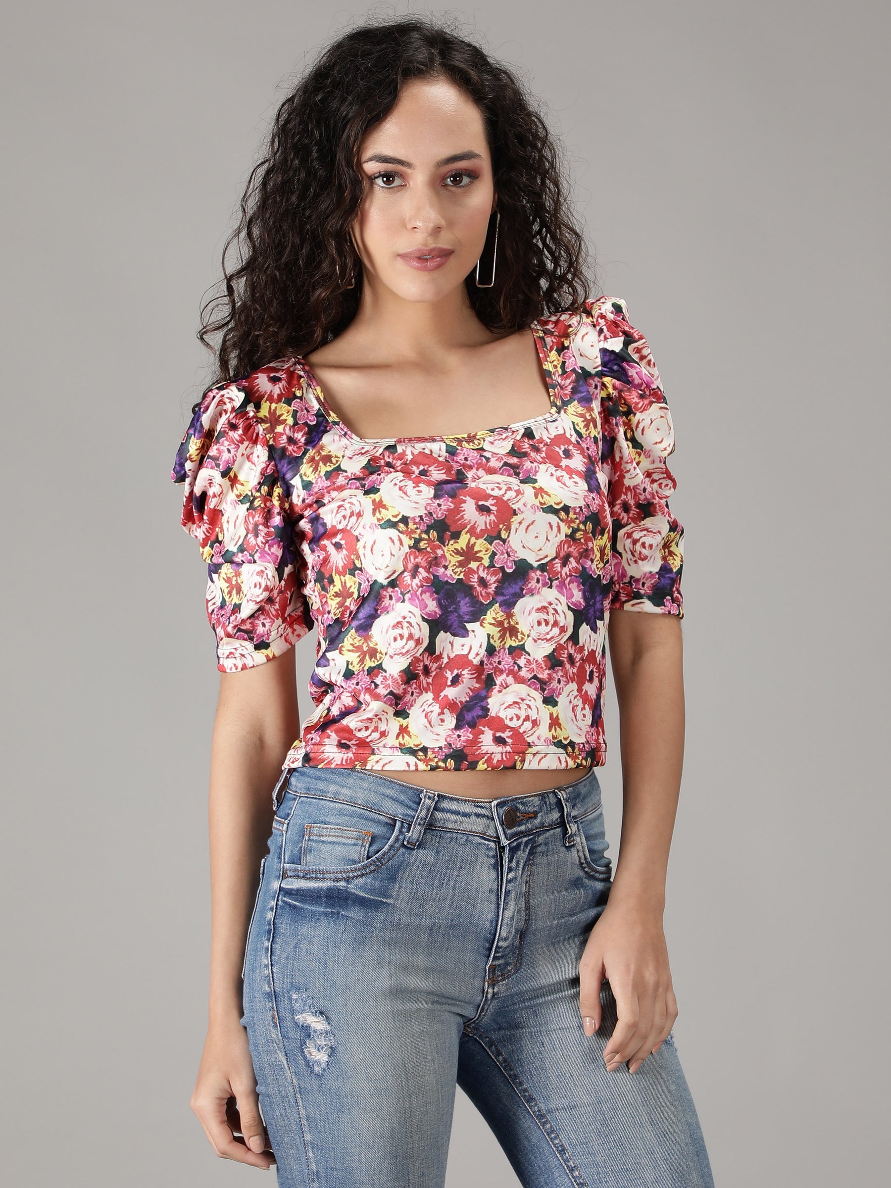 SmisingBee Square Neck Floral Print Top