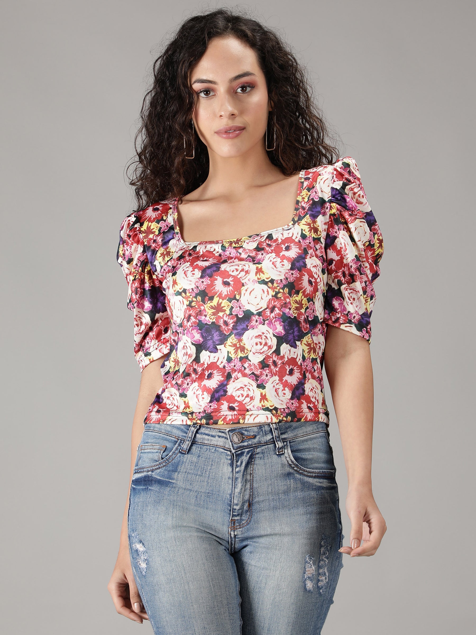 SmisingBee Square Neck Floral Print Top