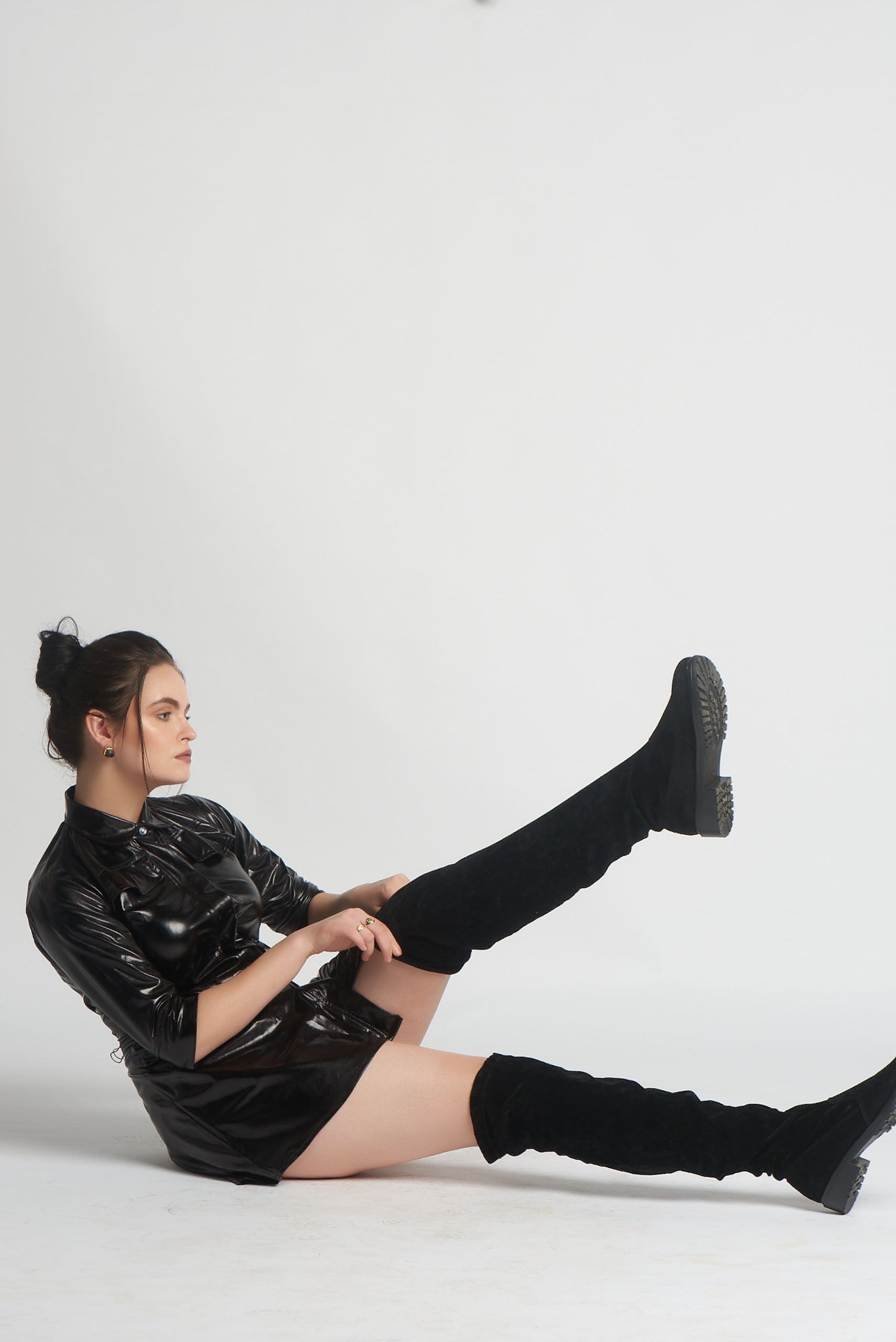 SmisingBee Shirt style Black leather dress