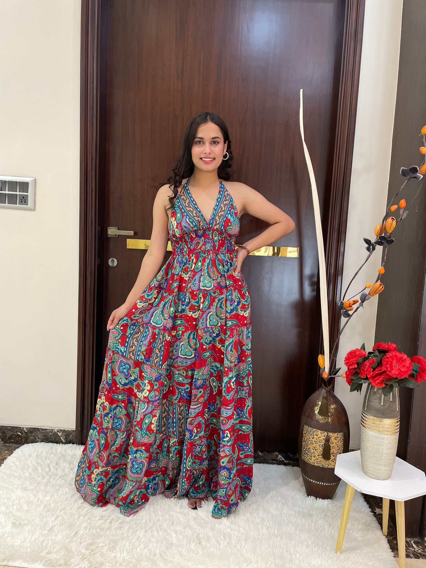 Halter Neck Multi Panel Boho printed Maxi Dress In Multicolor