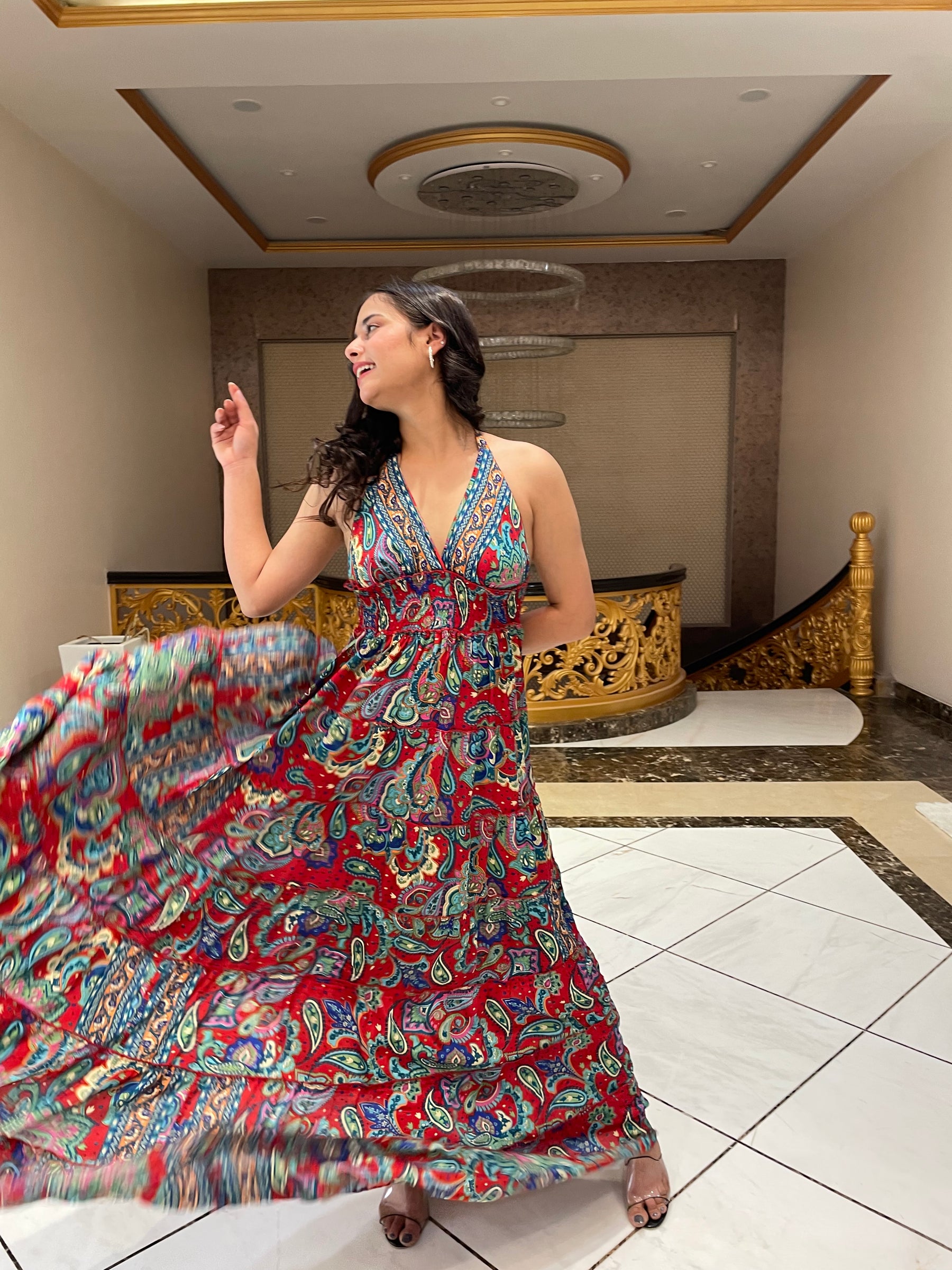 Halter Neck Multi Panel Boho printed Maxi Dress In Multicolor