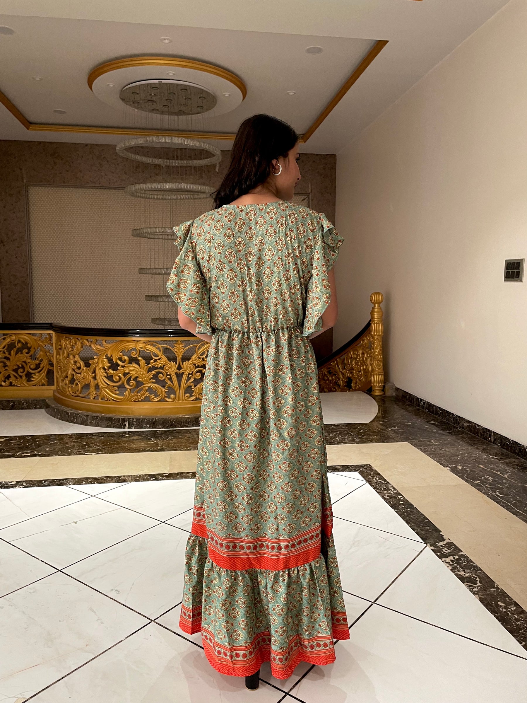 Butterfly Sleeves contrasting border maxi dress