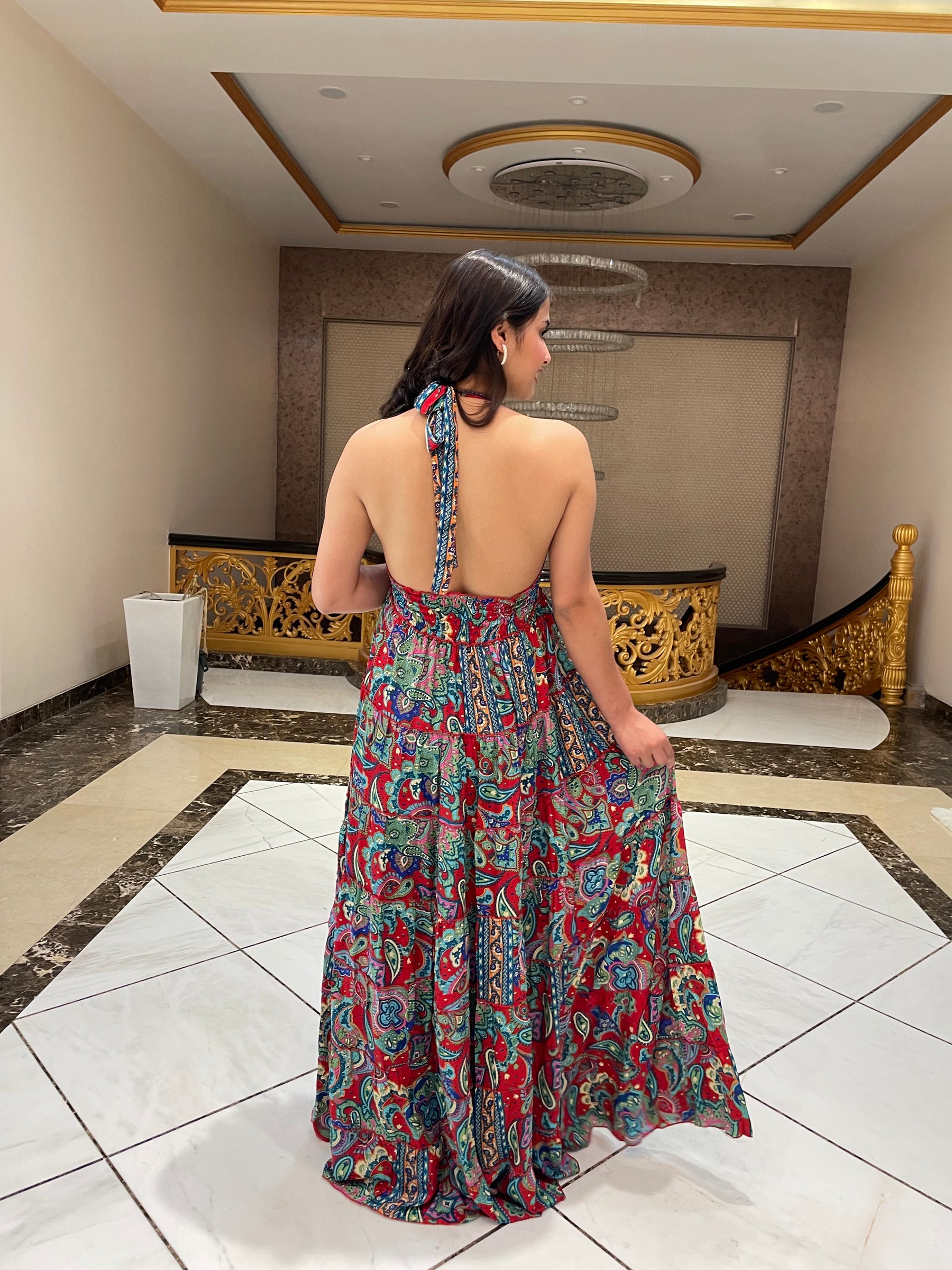 Halter Neck Multi Panel Boho printed Maxi Dress In Multicolor
