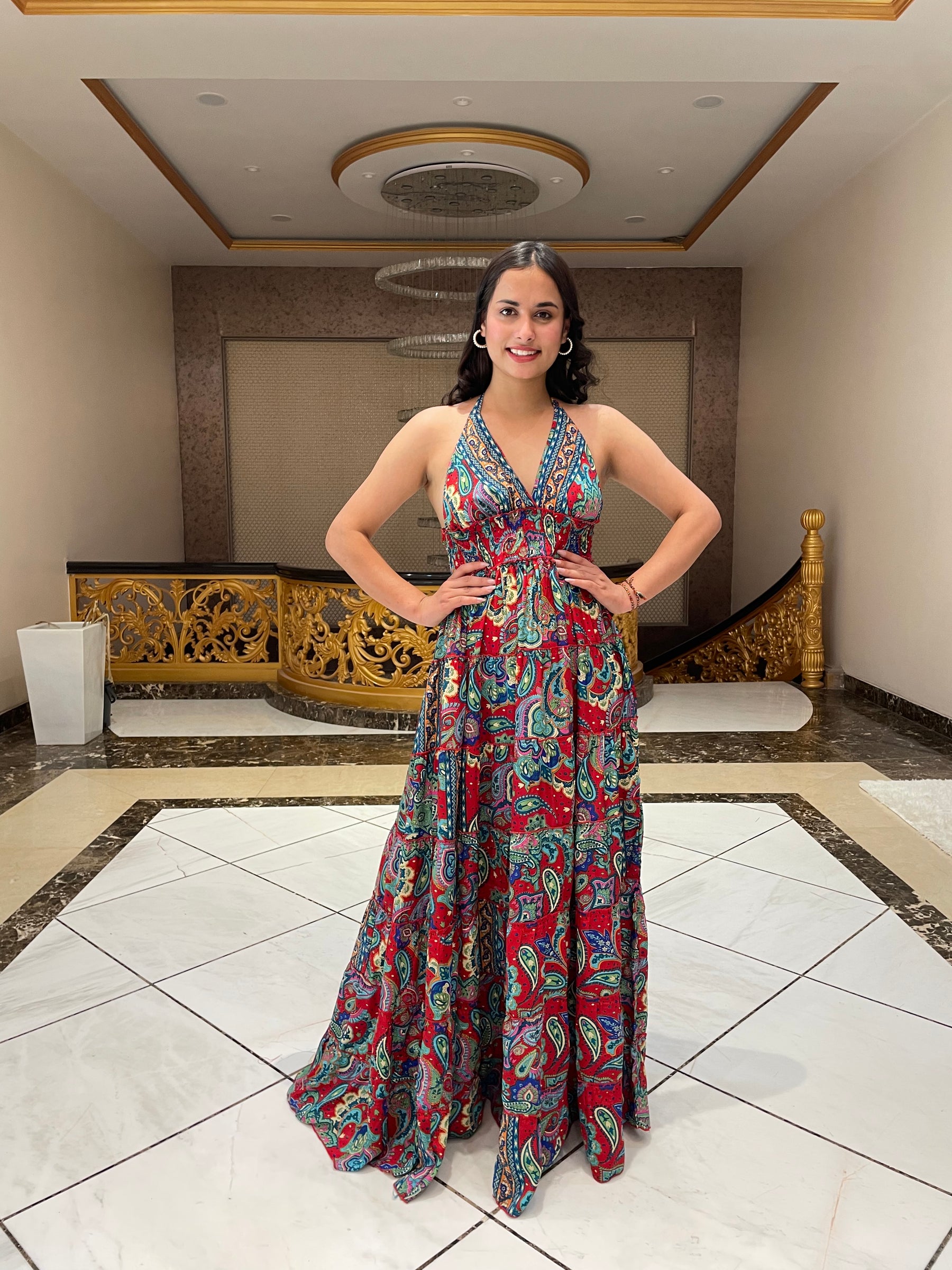 Halter Neck Multi Panel Boho printed Maxi Dress In Multicolor