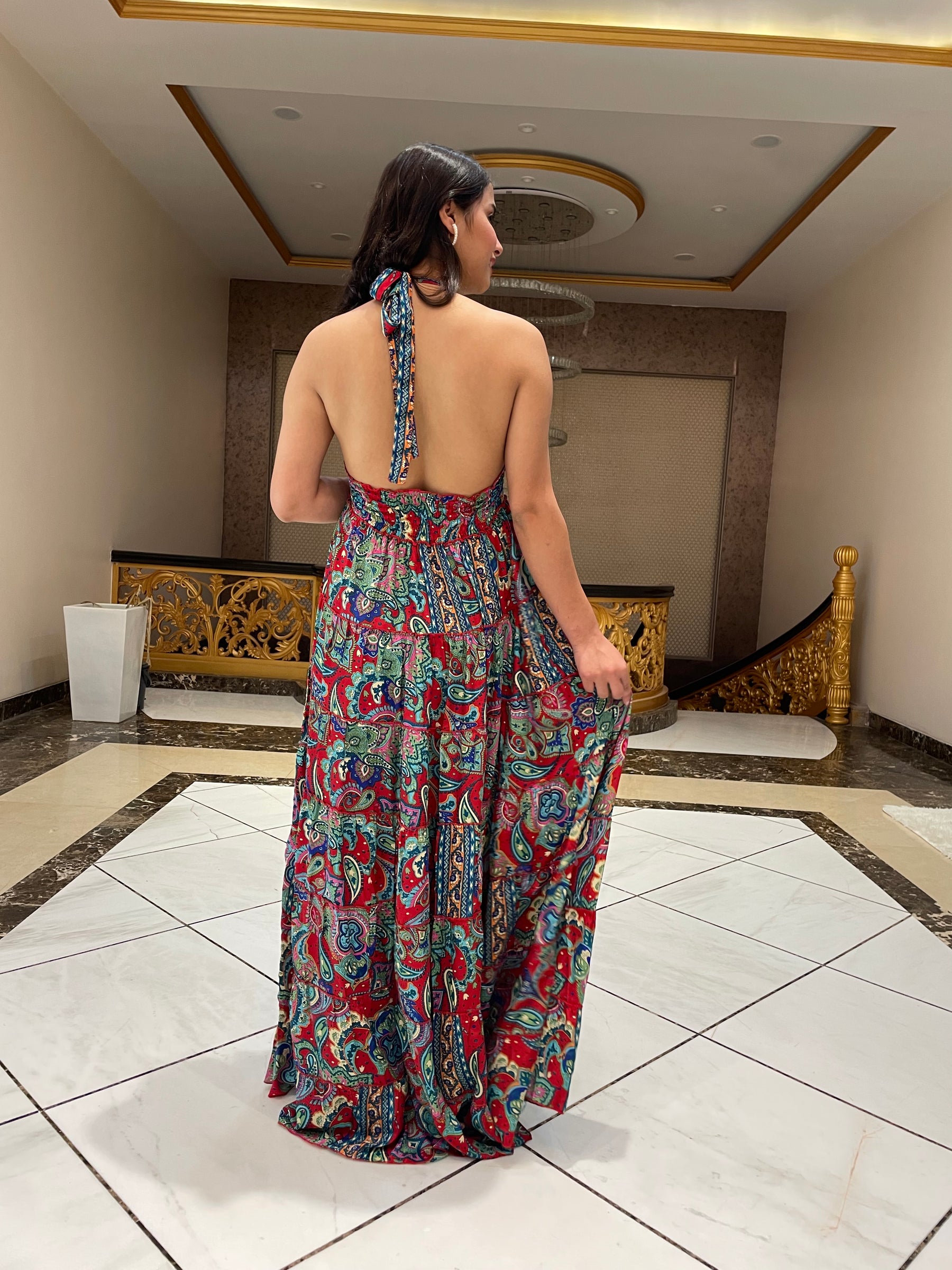 Halter Neck Multi Panel Boho printed Maxi Dress In Multicolor