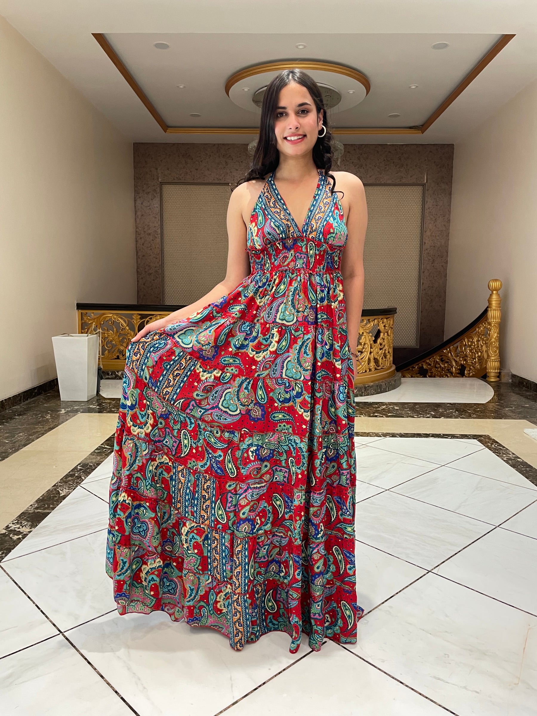 Halter Neck Multi Panel Boho printed Maxi Dress In Multicolor