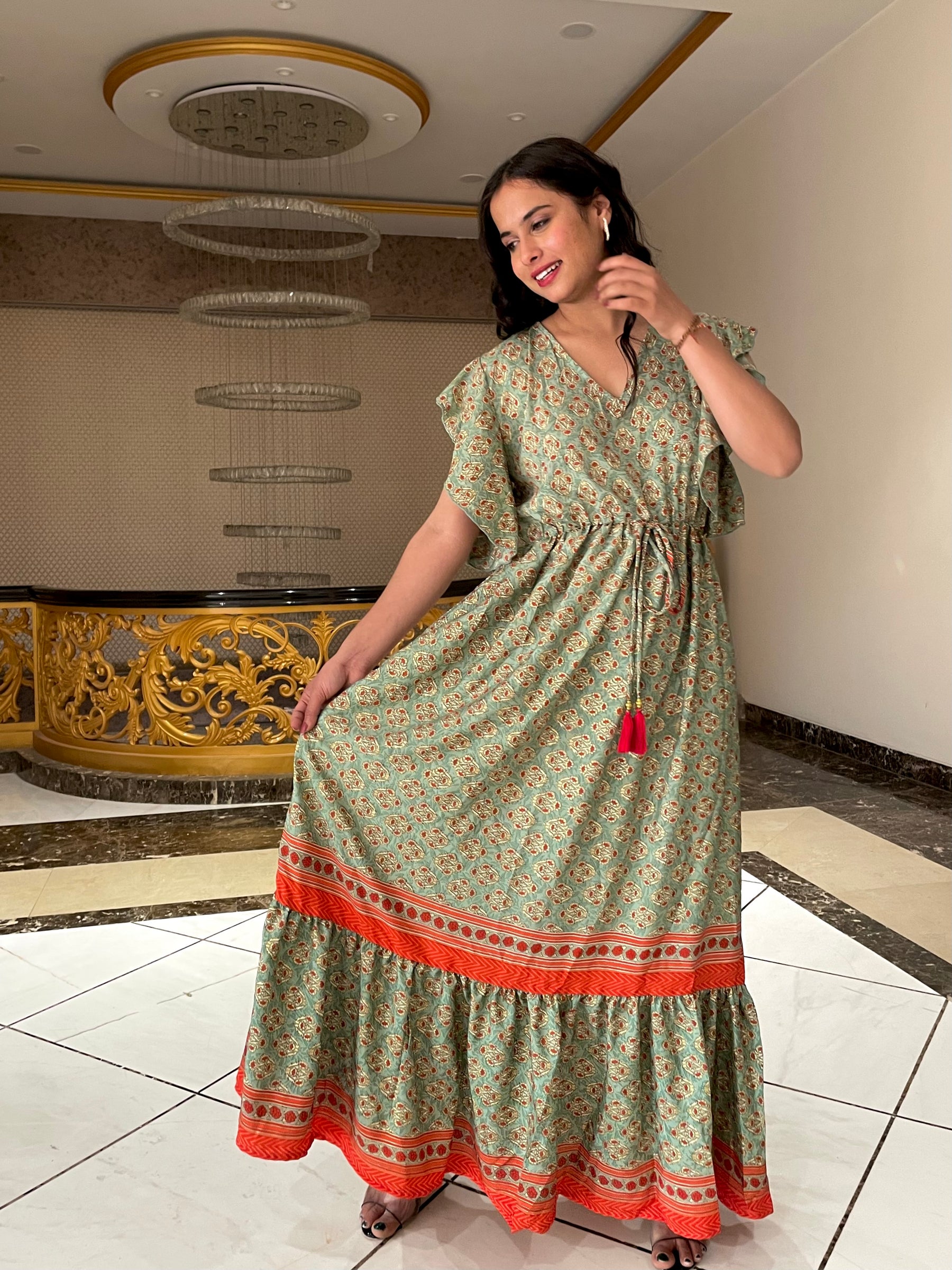 Butterfly Sleeves contrasting border maxi dress