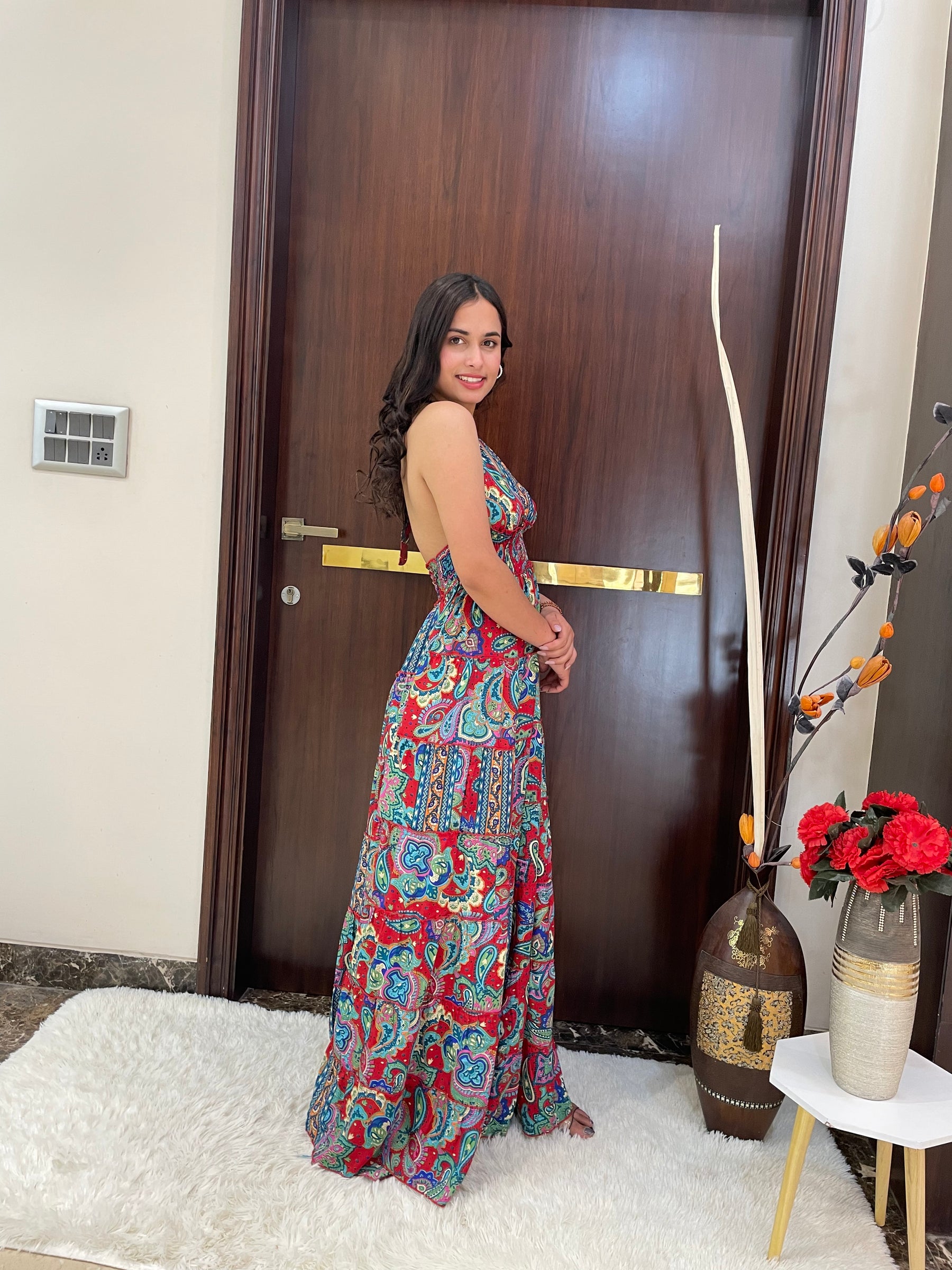 Halter Neck Multi Panel Boho printed Maxi Dress In Multicolor