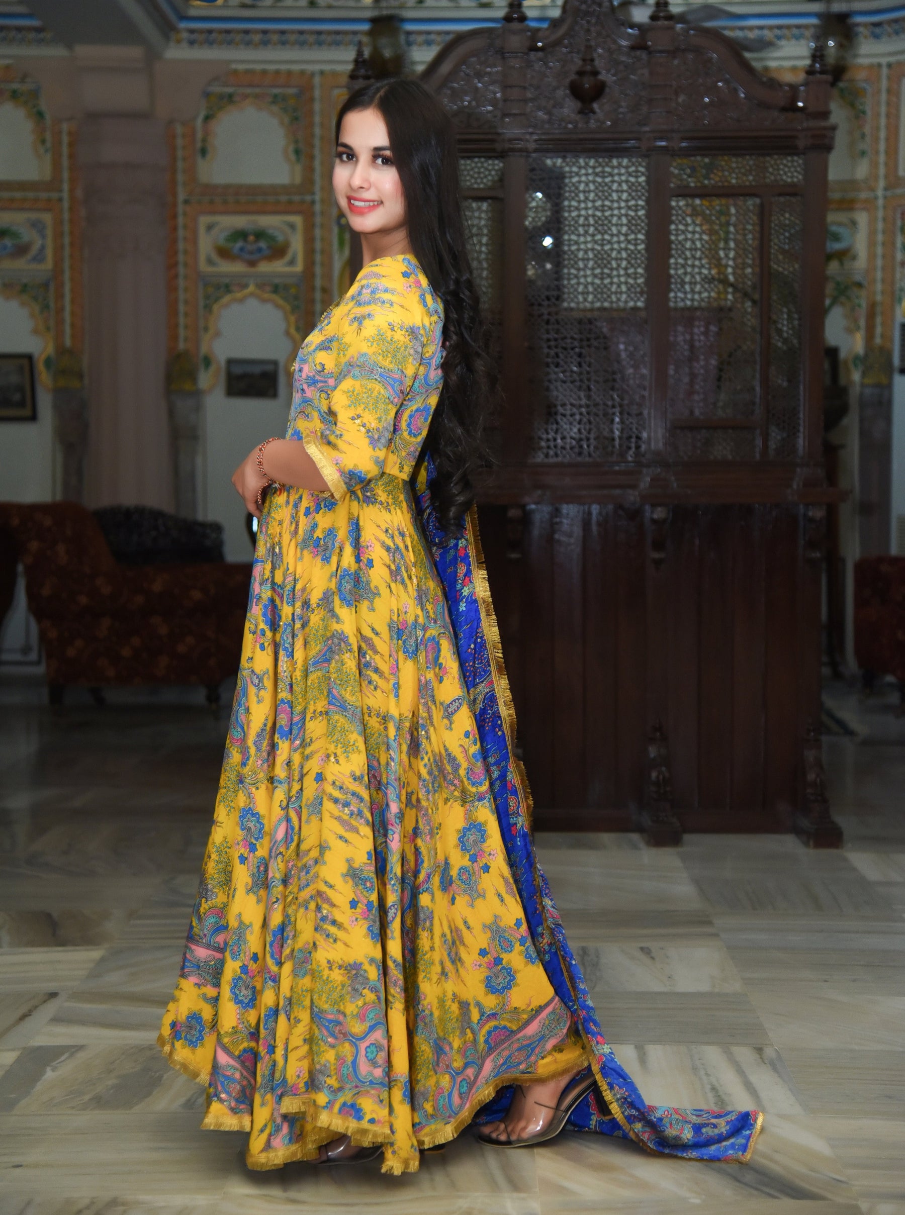 Yellow Kiran Foil printed kurta set