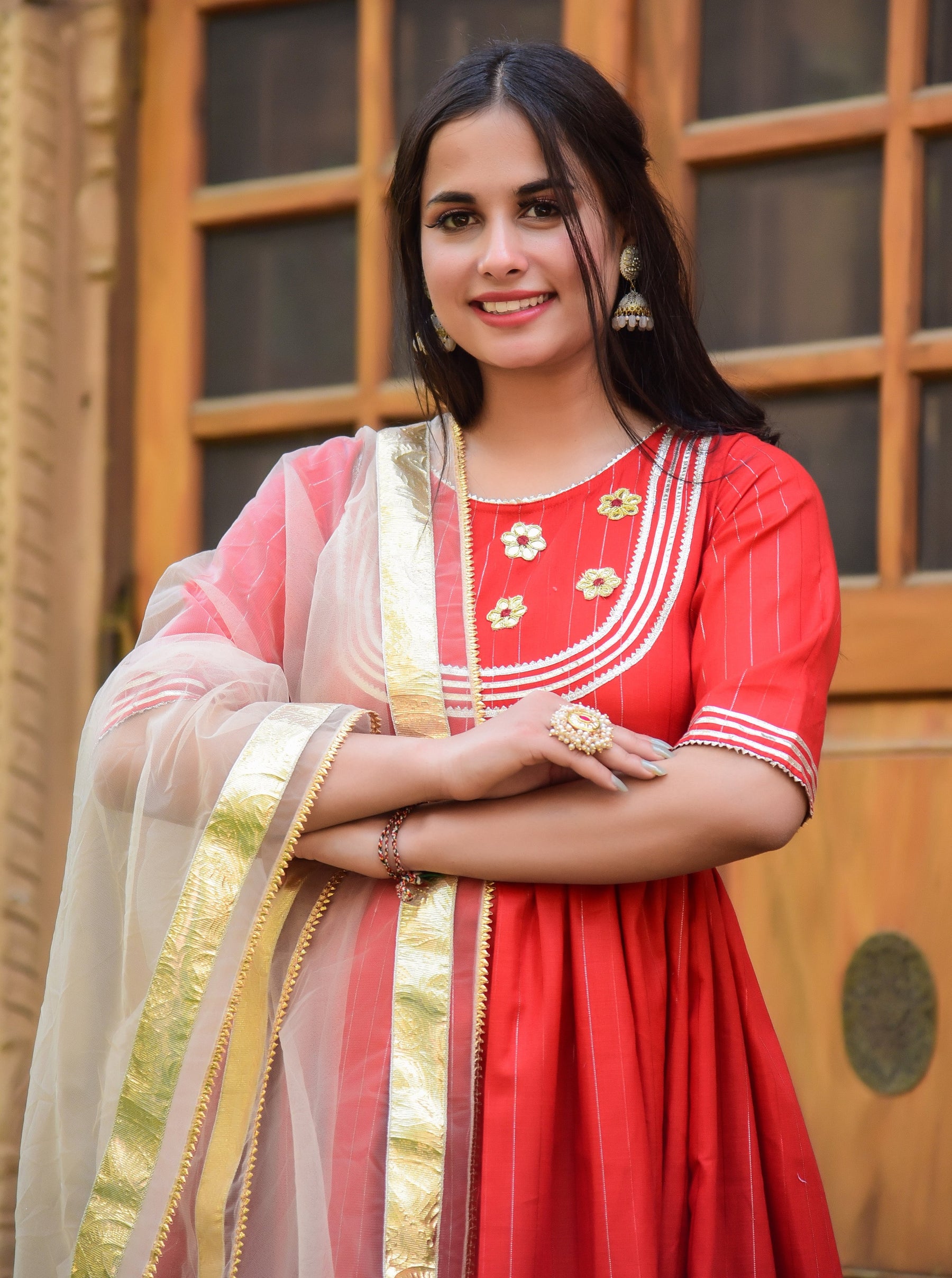 Red Lurex Anarkali Kurta with Dupatta