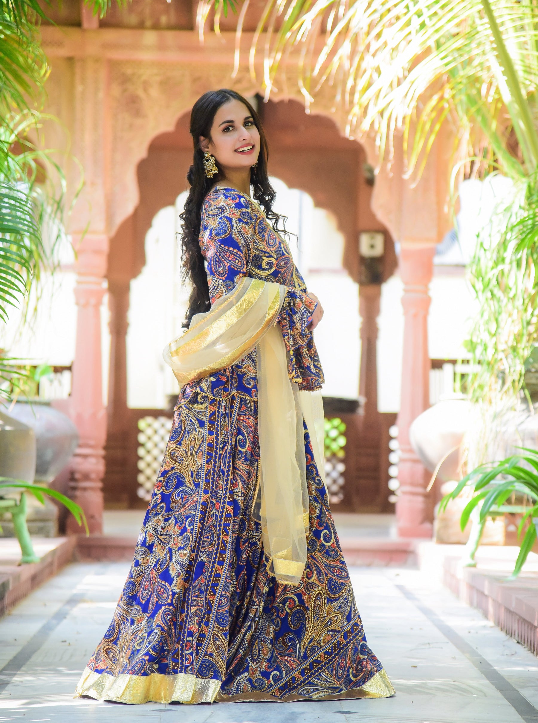 Blue Printed Peplum Lehenga Set