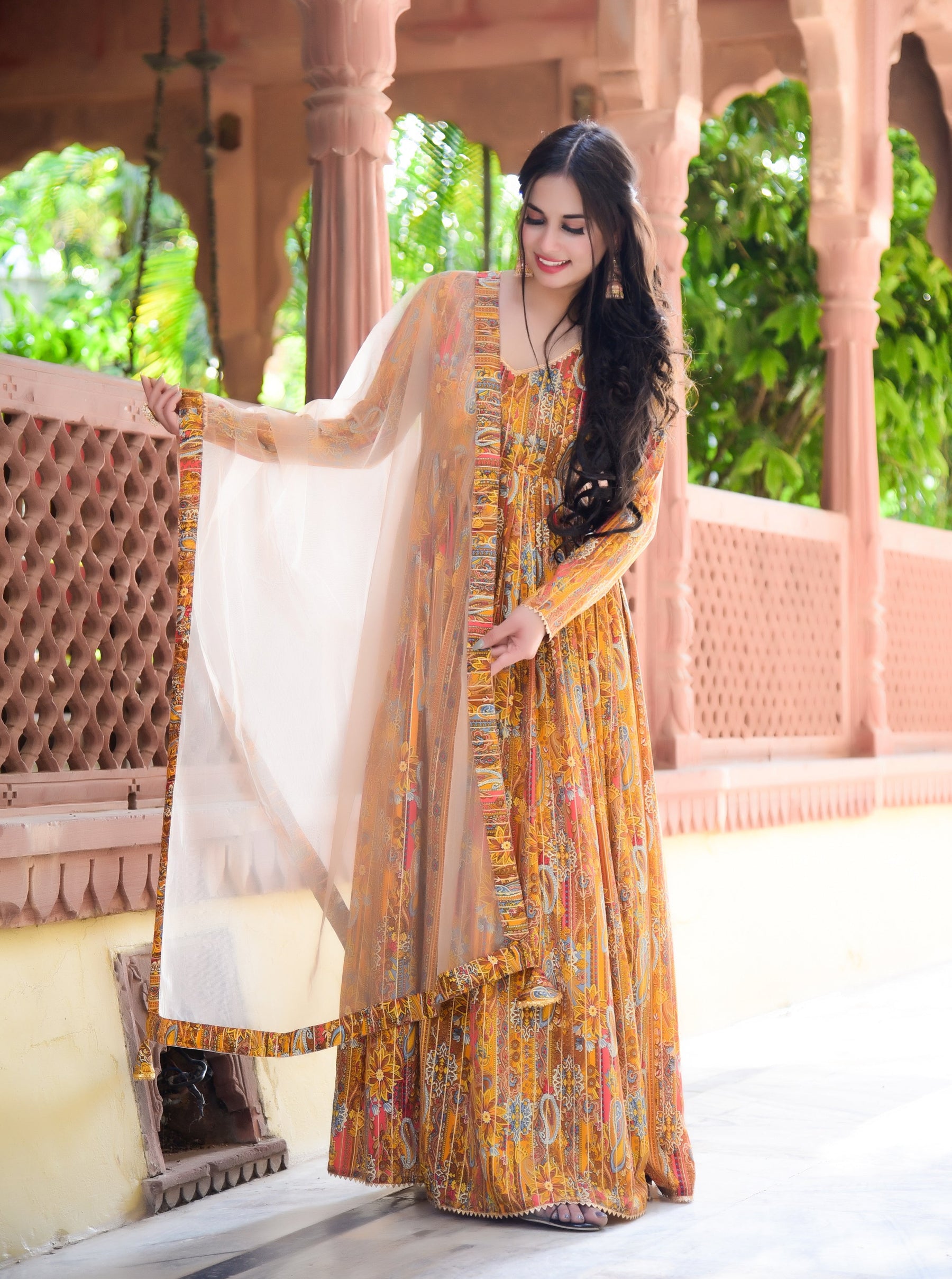 Golden Lurex Anarkali Kurta with Dupatta