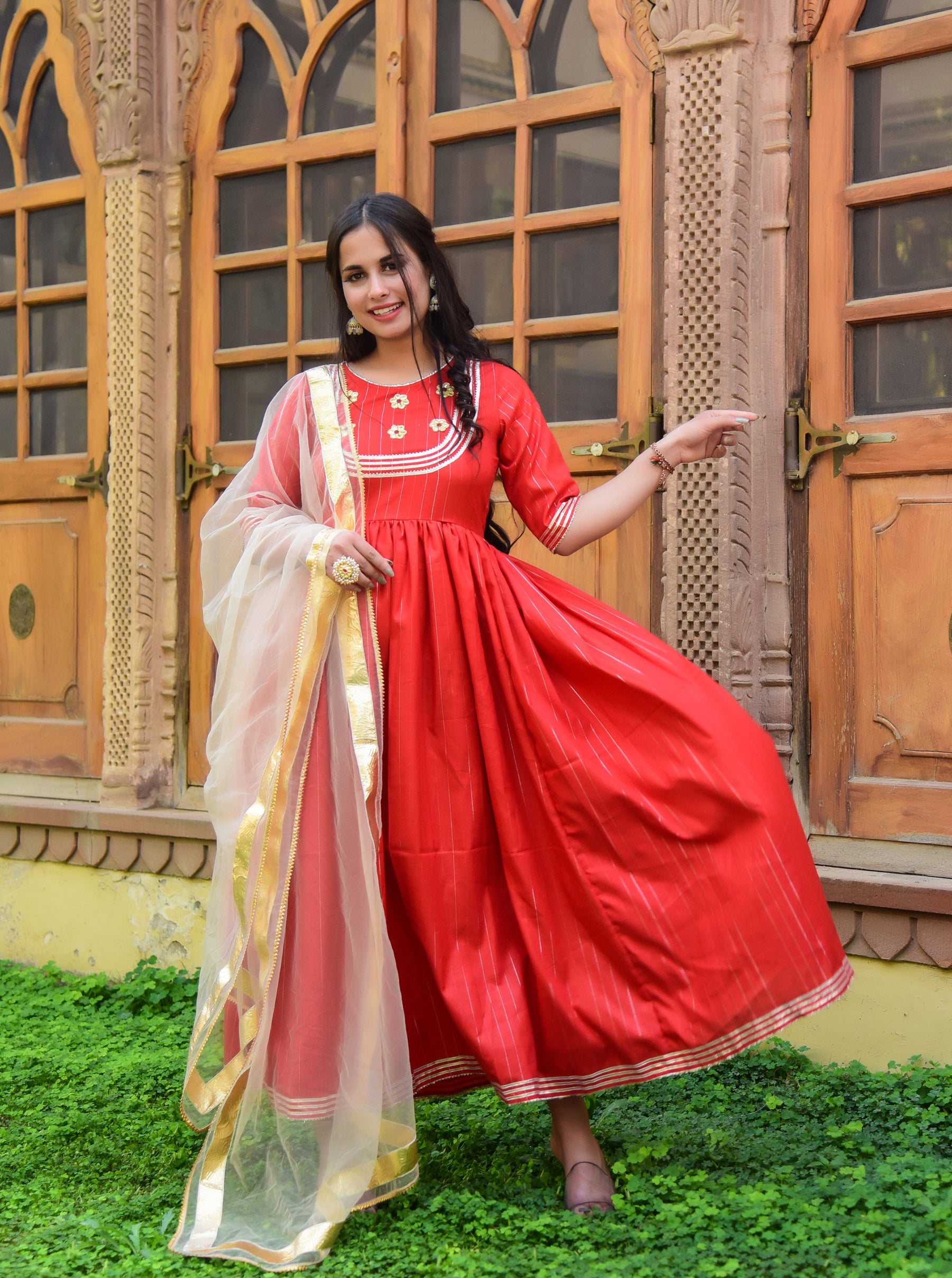 Red Lurex Anarkali Kurta with Dupatta