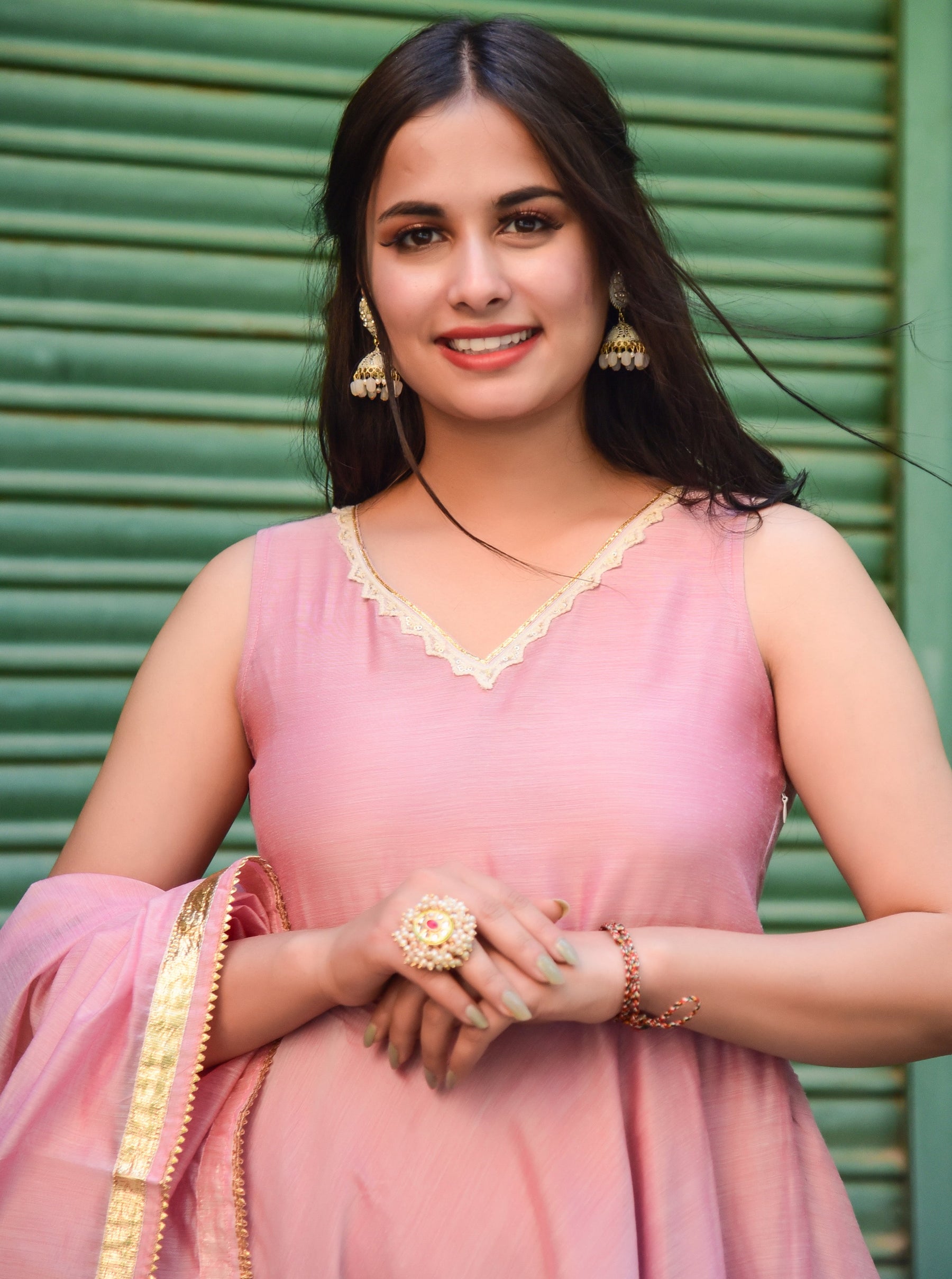 Pink Chanderi Cut Sleeves Anarkali Kurta Set