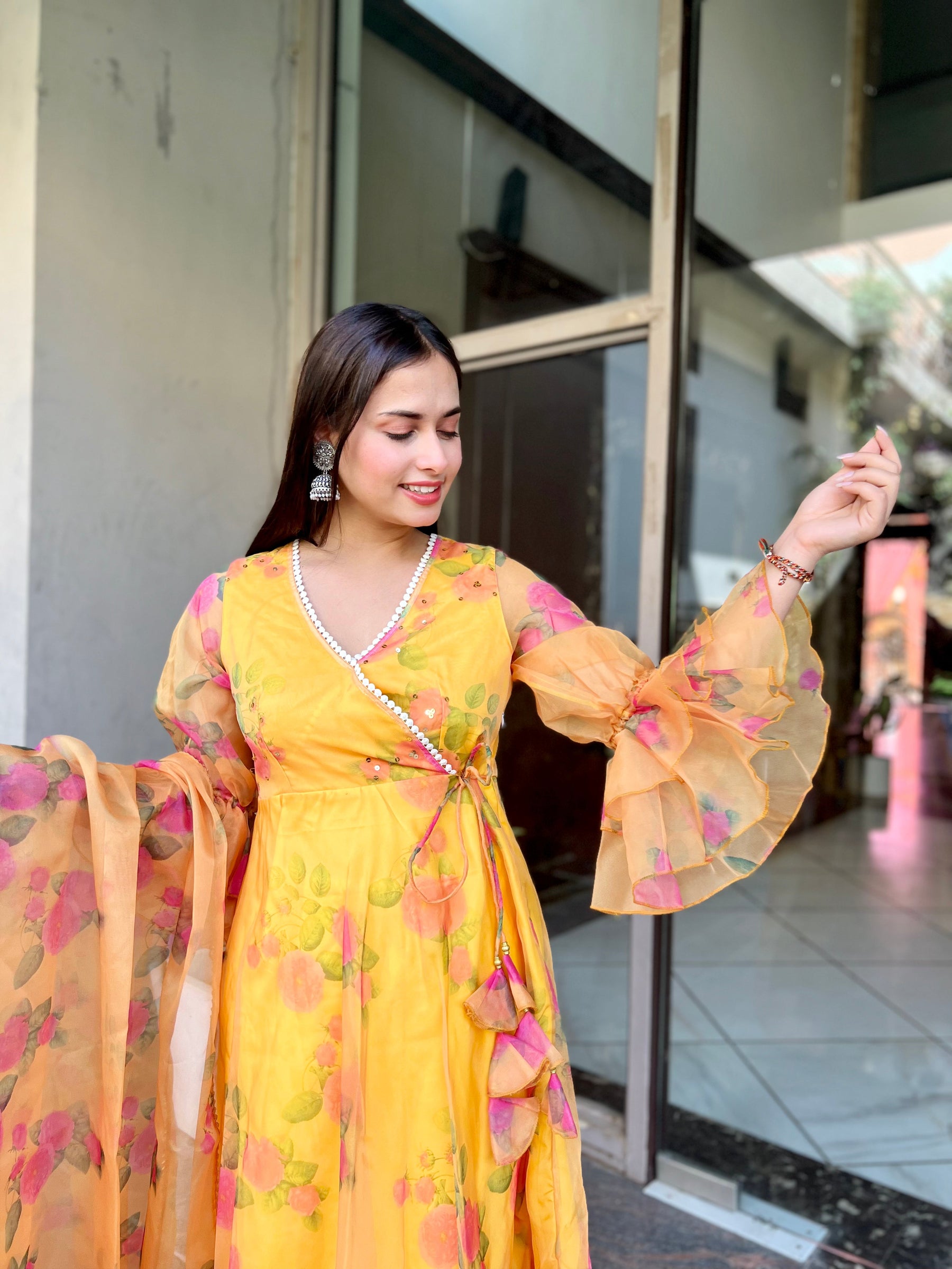 Yellow Angrakha Organza Suit