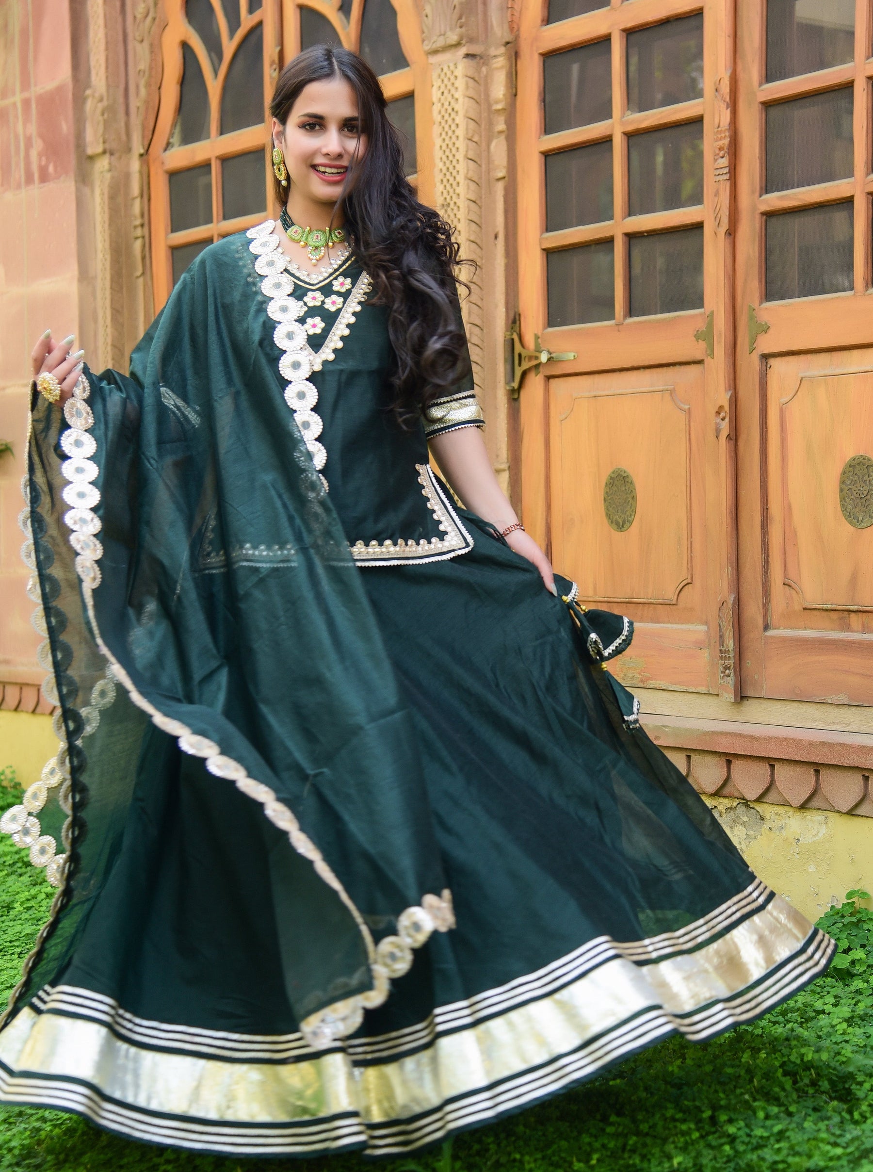 Dark Green Peplum Lehenga Set