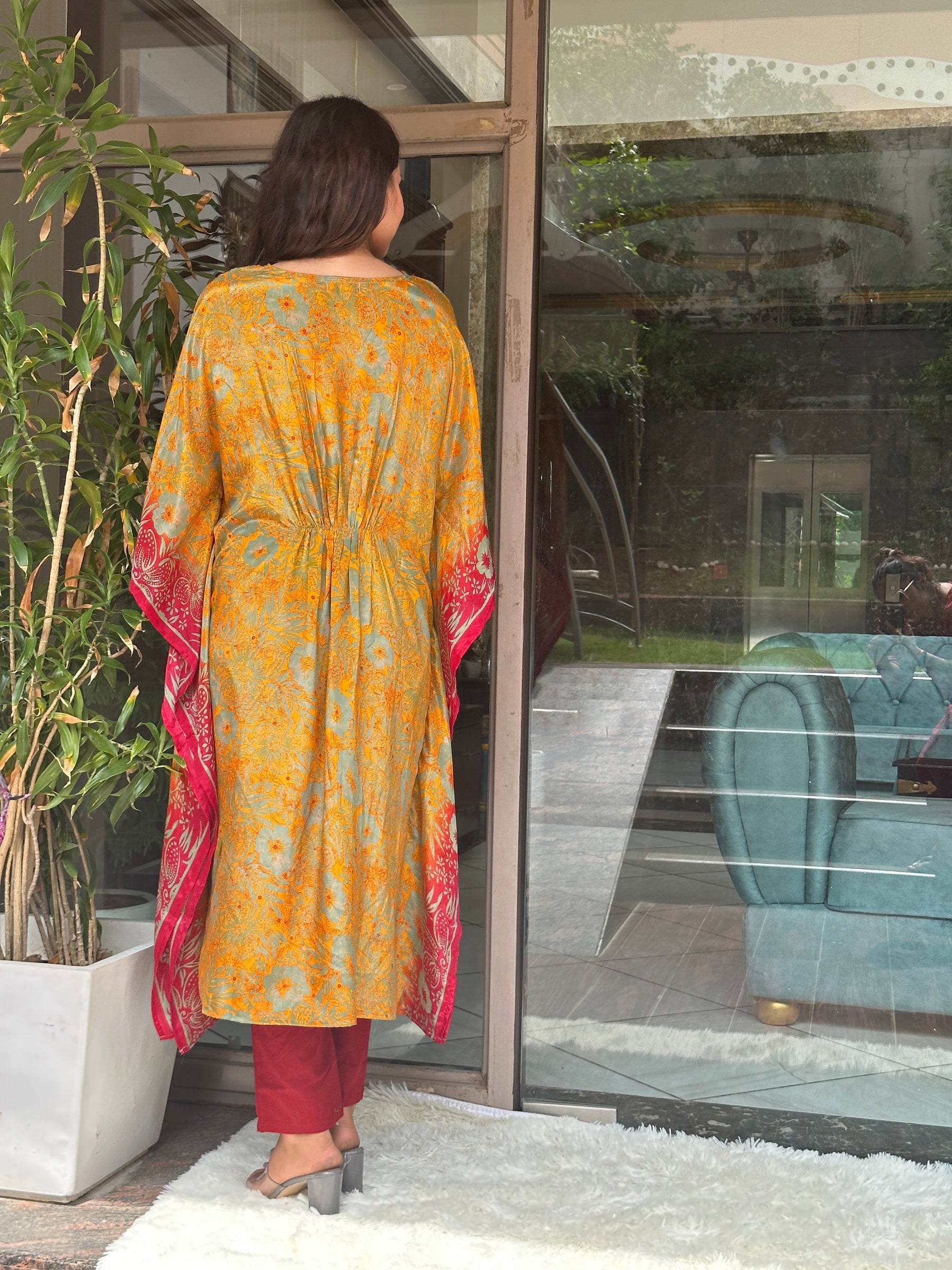 Yellow Floral Embroidered Kaftan Set