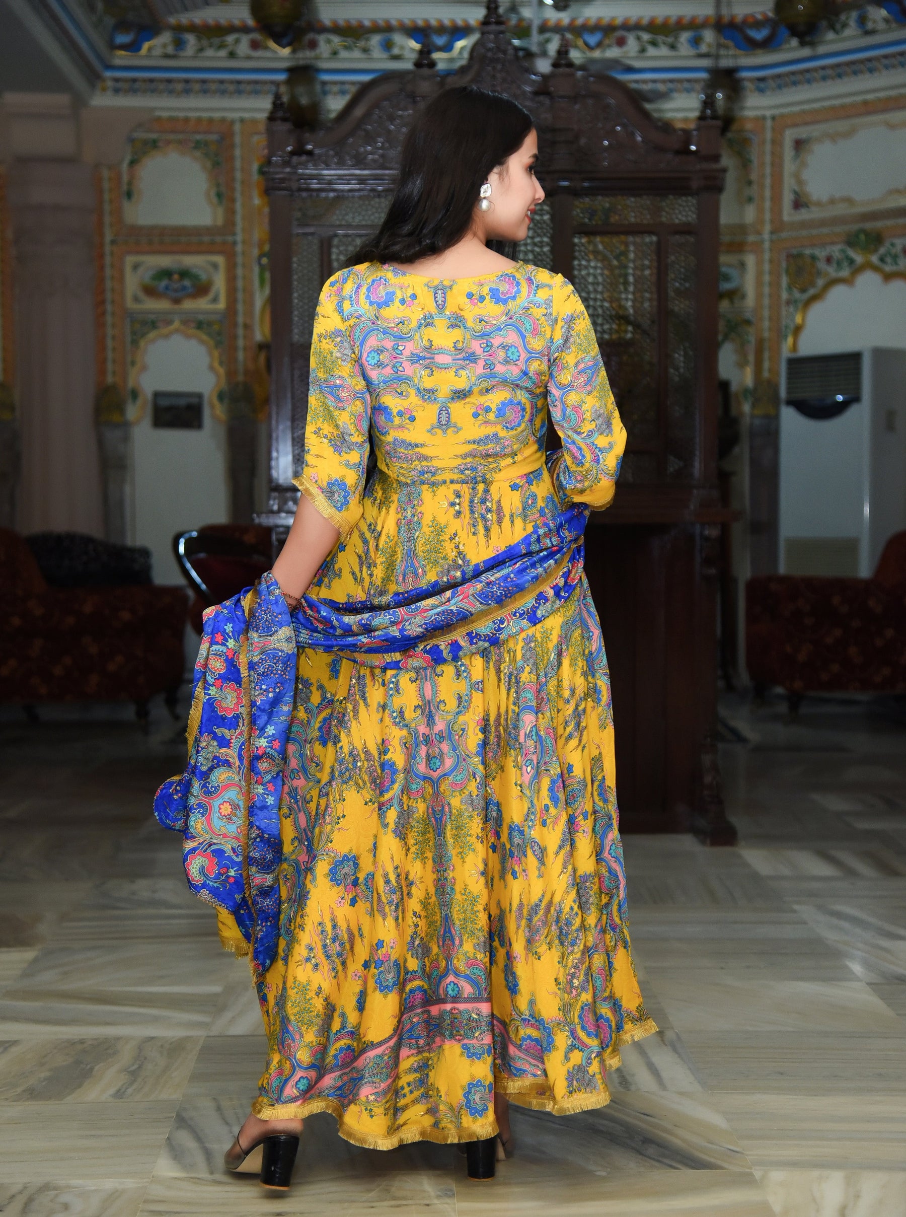 Yellow Kiran Foil printed kurta set