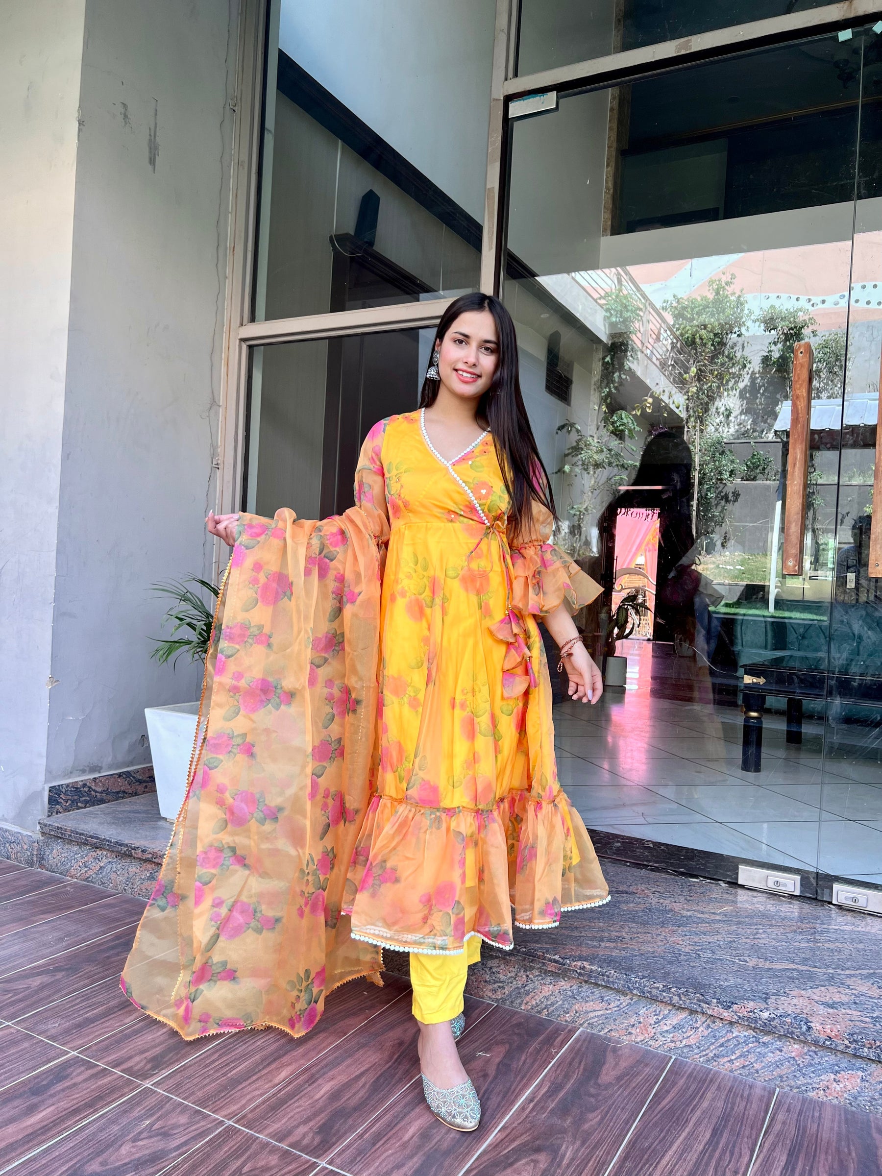 Yellow Angrakha Organza Suit