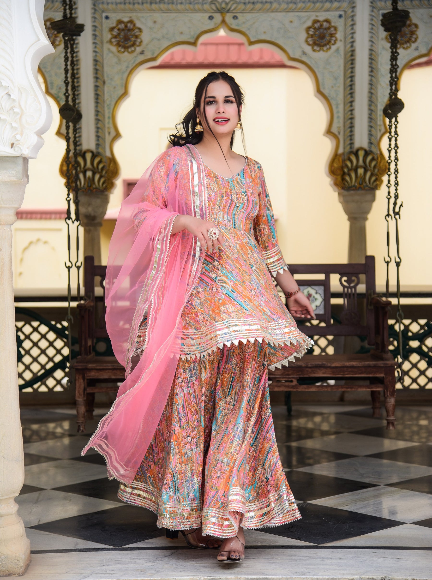 Peachy Pink Lurex Gota Work Sharara Set