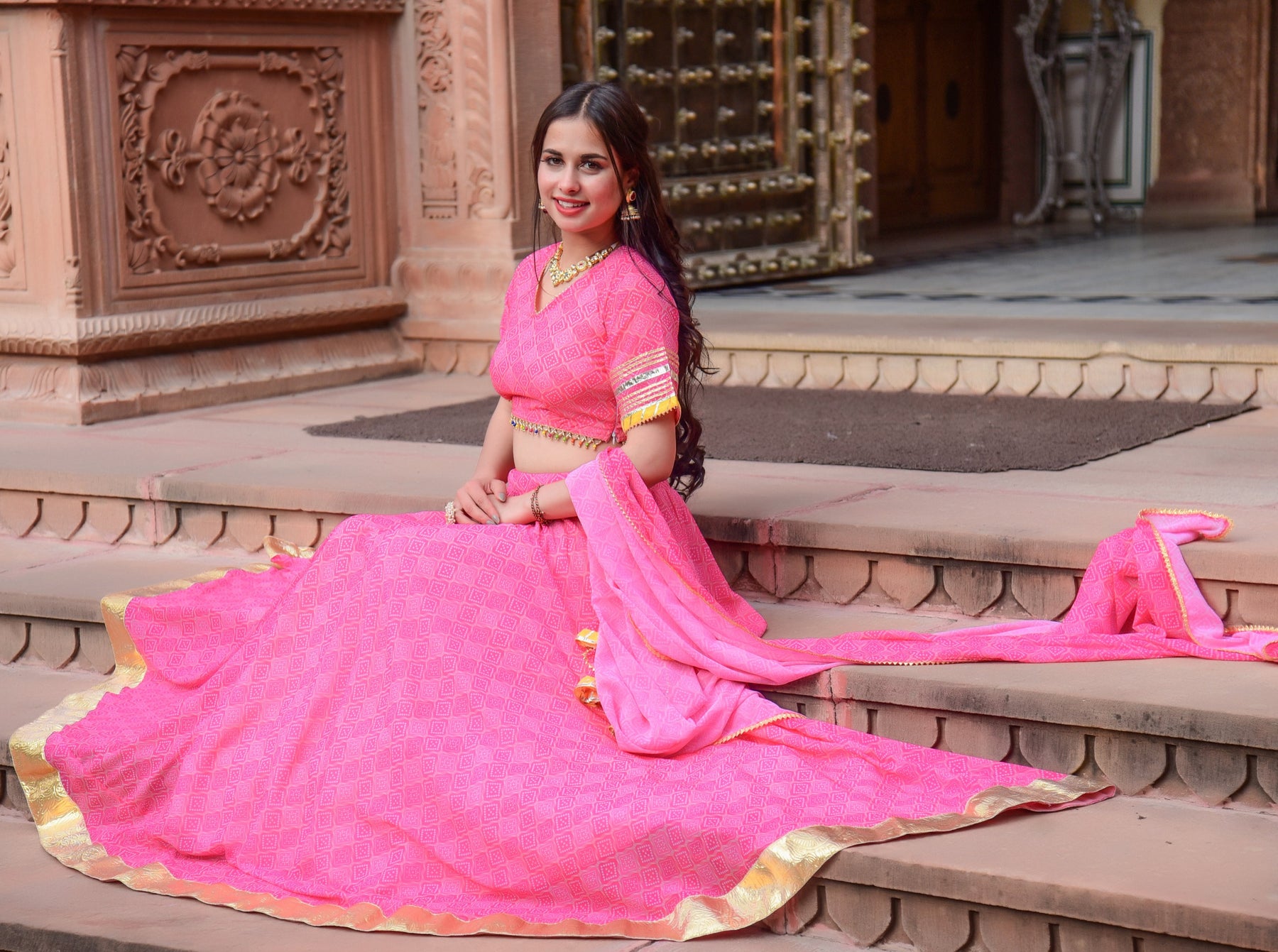 Baby Pink Bandhej Lehenga Set