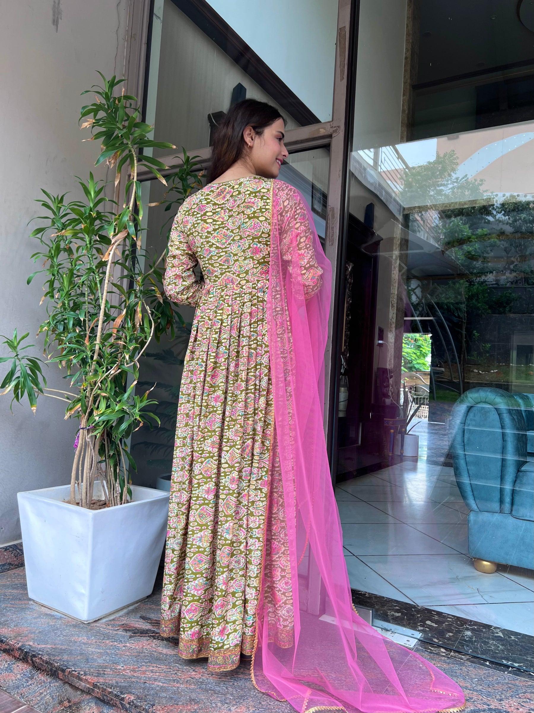Green & Pink Alia Cut Suit Set