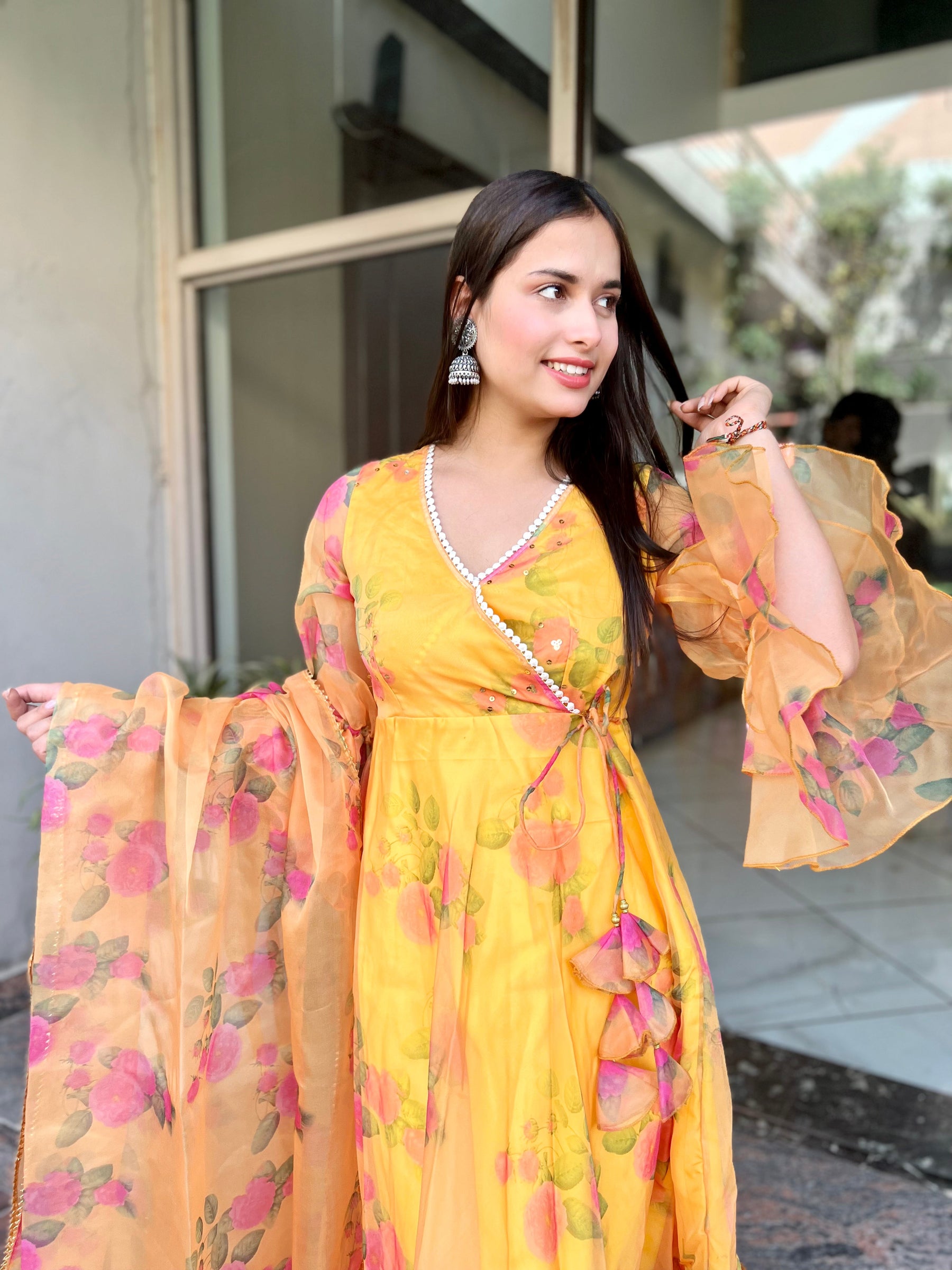 Yellow Angrakha Organza Suit
