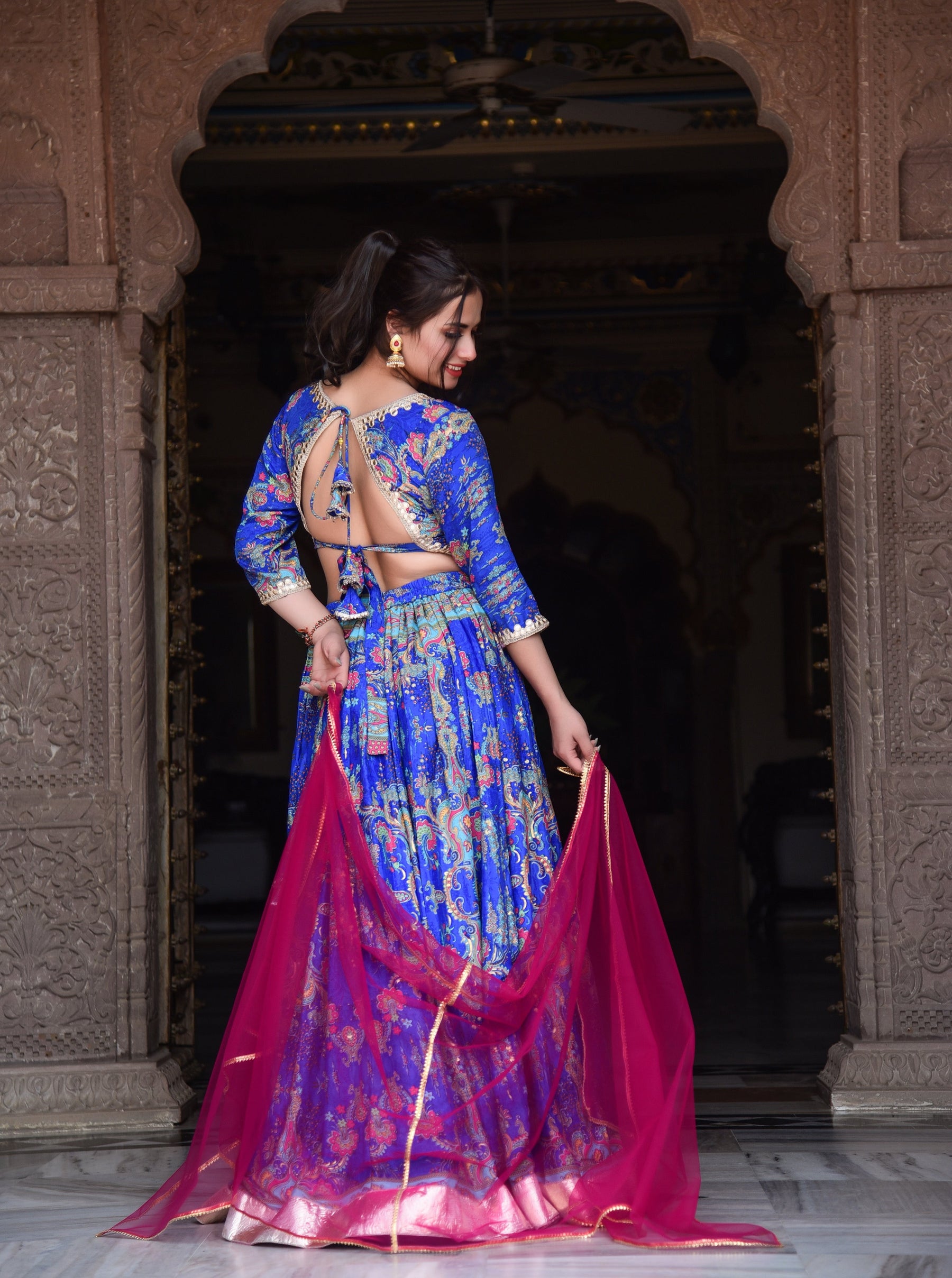 Blue printed mirror work lehenga with Blouse and Dupatta