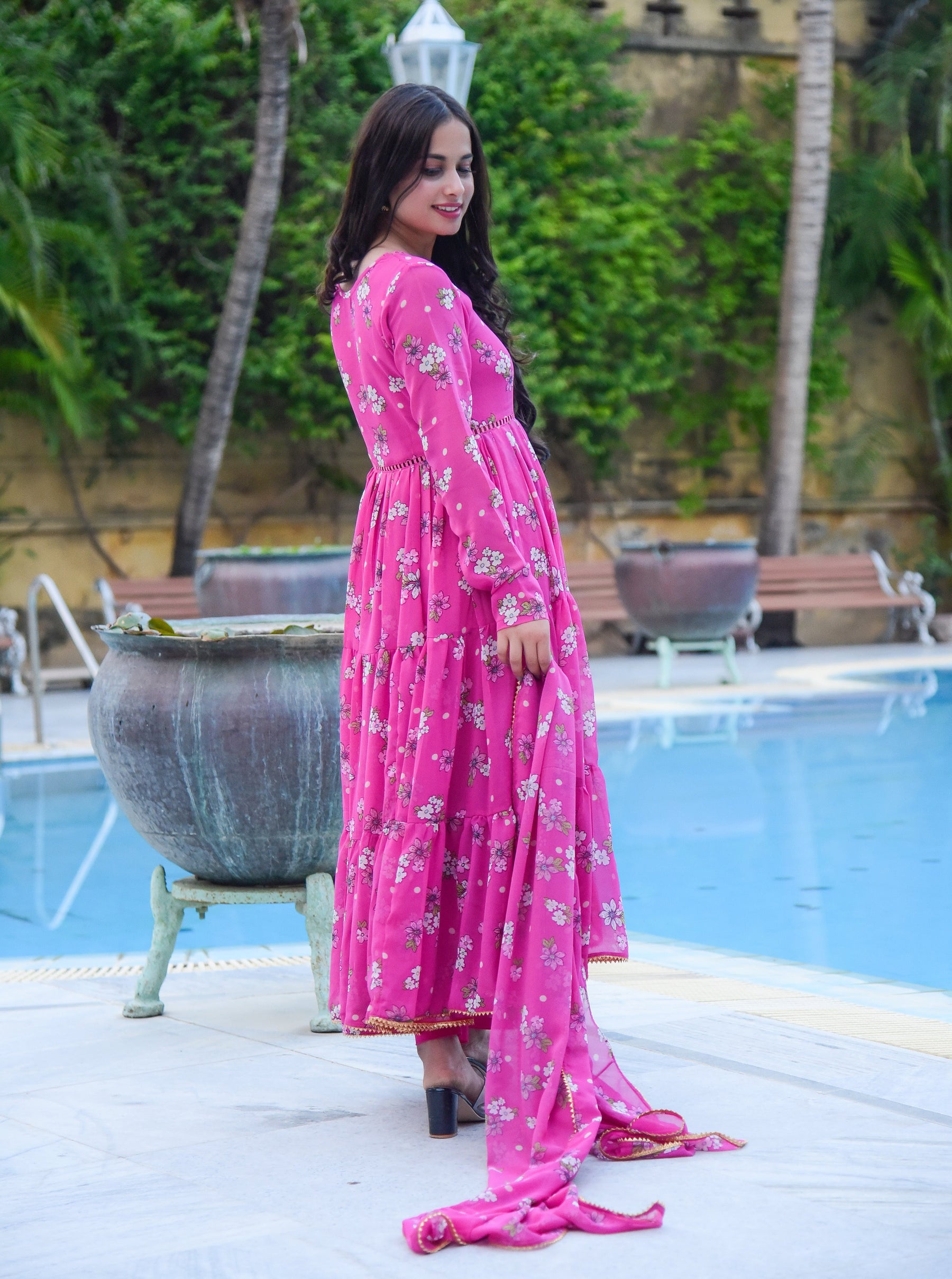Pink Floral Anarkali Set