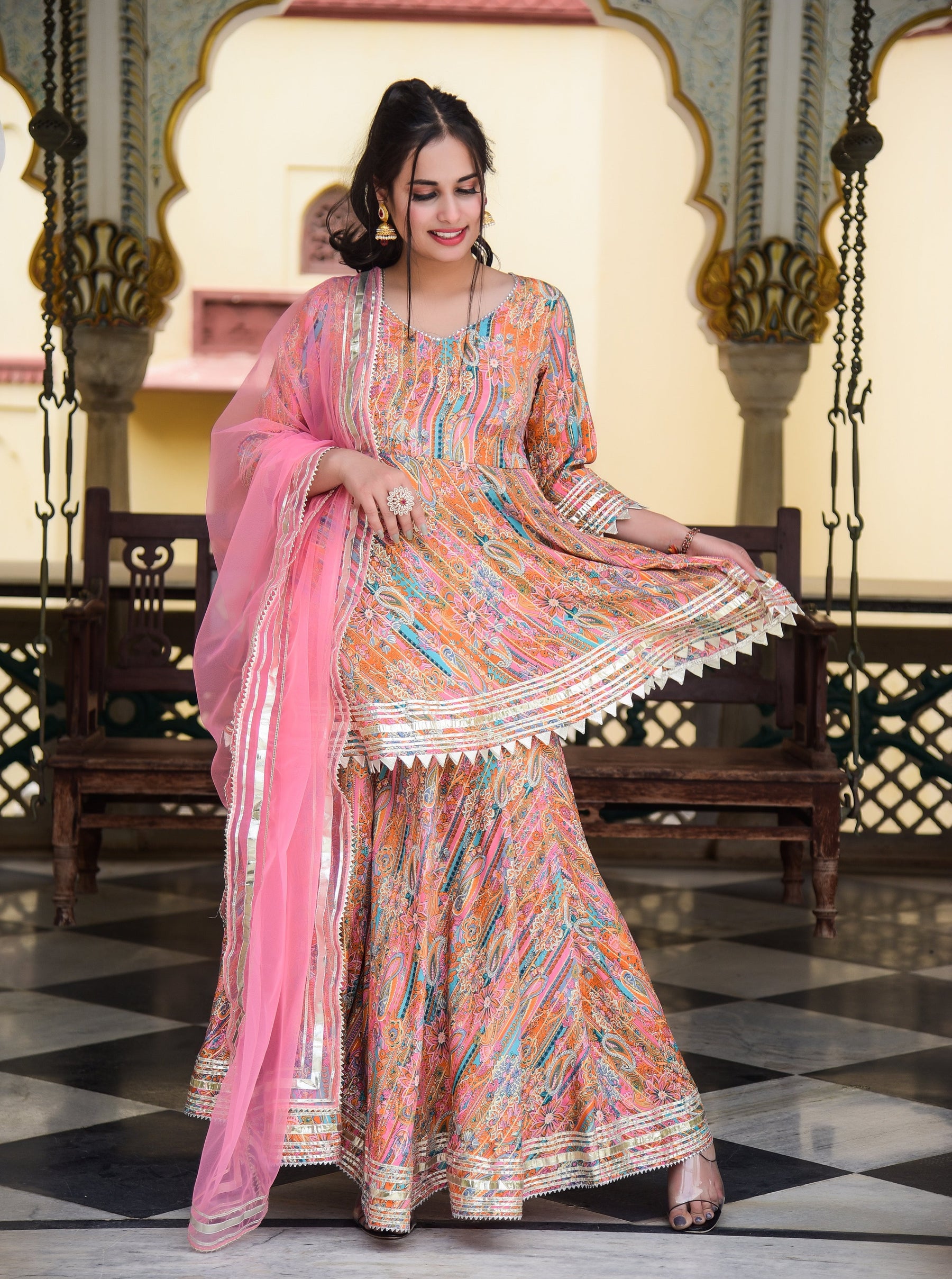 Peachy Pink Lurex Gota Work Sharara Set