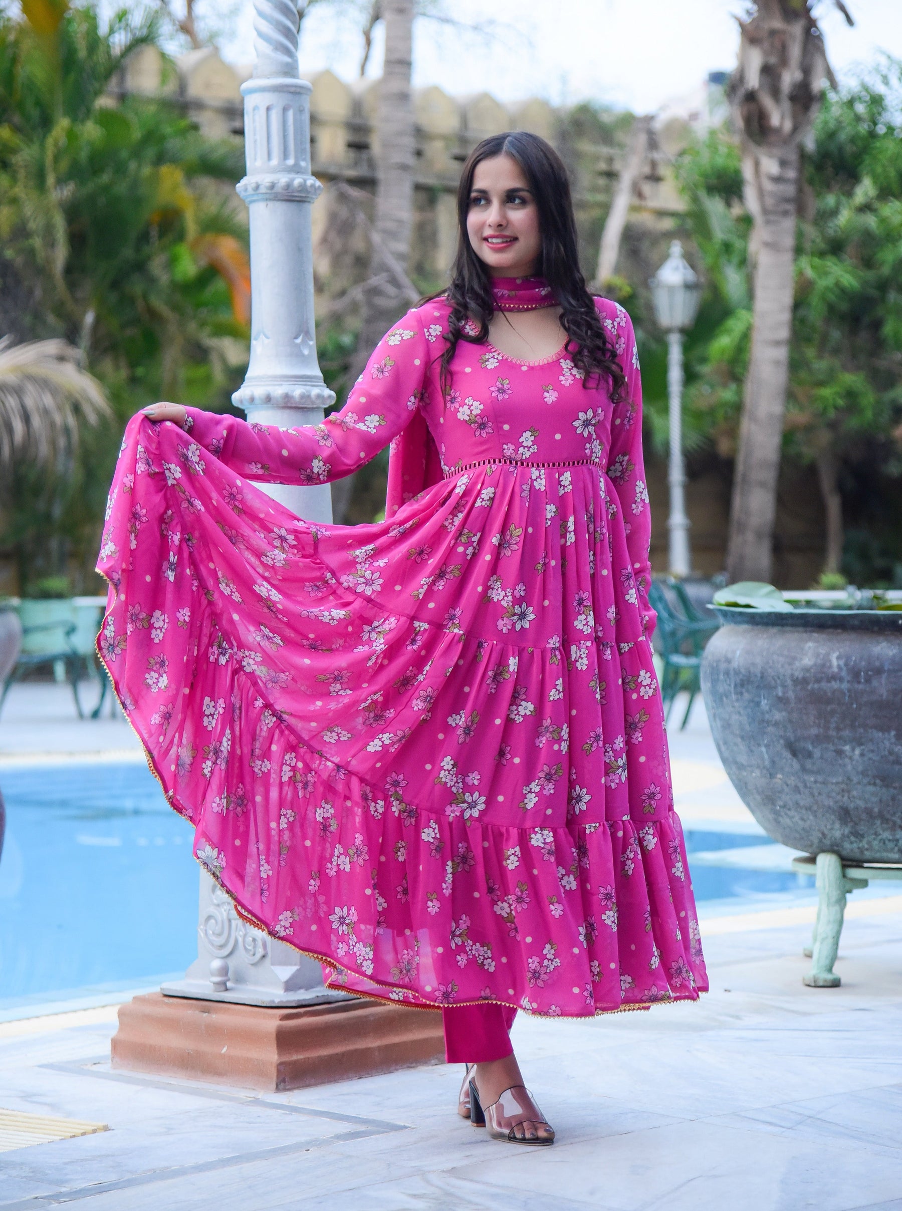 Pink Floral Anarkali Set