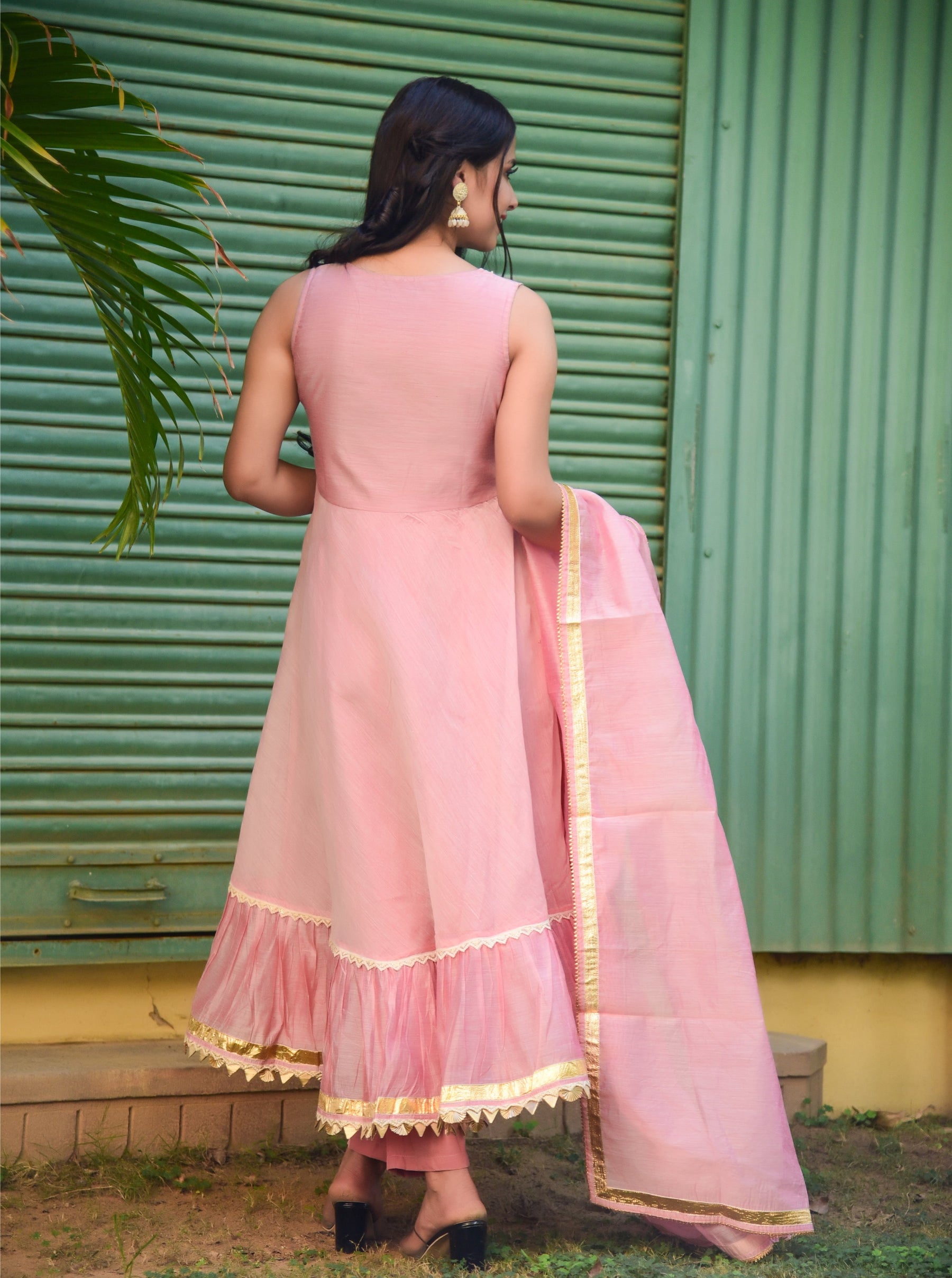 Pink Chanderi Cut Sleeves Anarkali Kurta Set