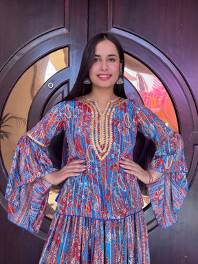 Red and Blue Ethnic Motifs Sharara Set