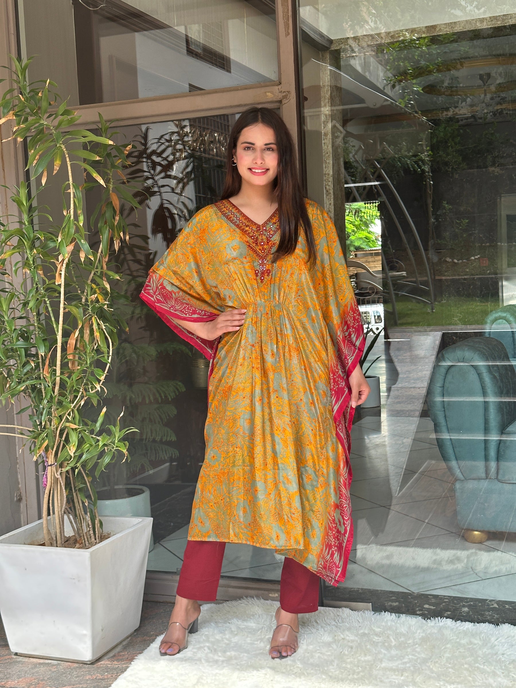 Yellow Floral Embroidered Kaftan Set