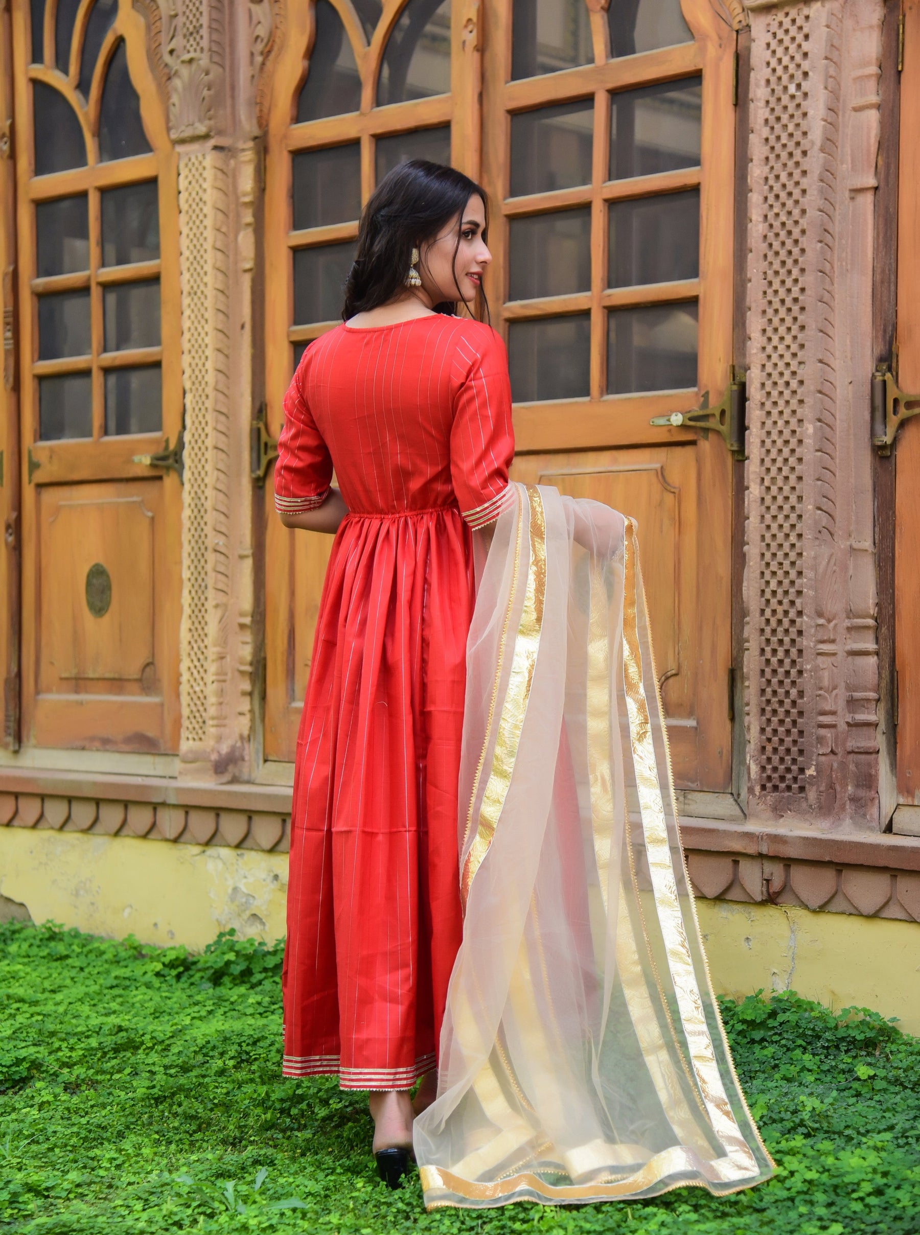 Red Lurex Anarkali Kurta with Dupatta