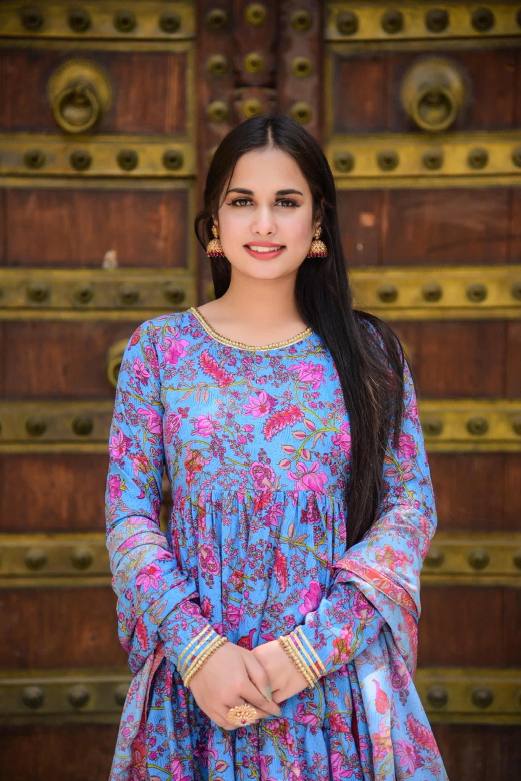 Blue Floral Anarkali Kurta Set