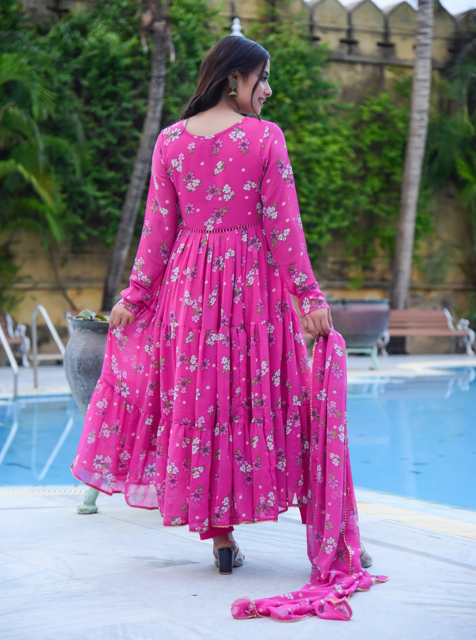 Pink Floral Anarkali Set