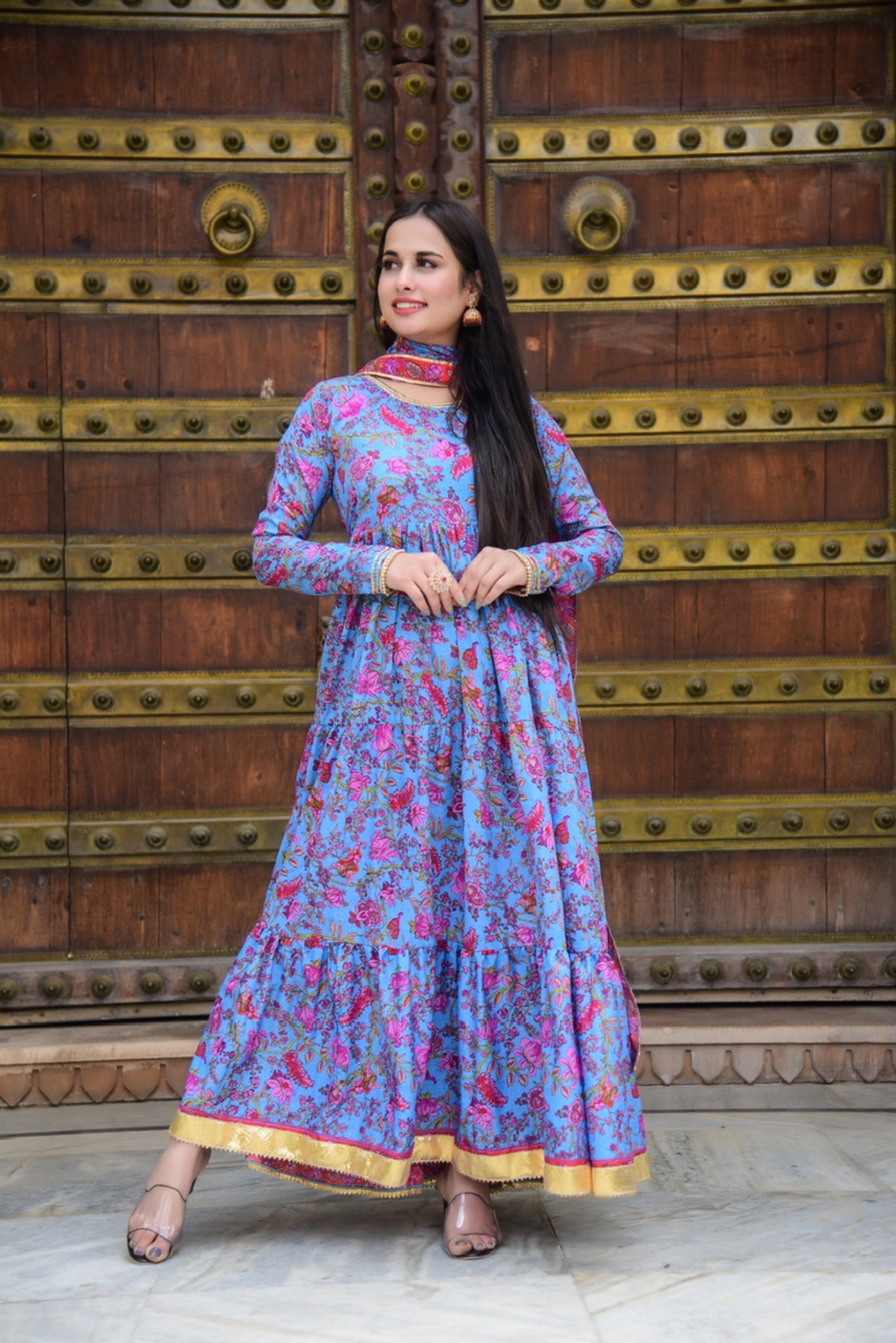 Blue Floral Anarkali Kurta Set