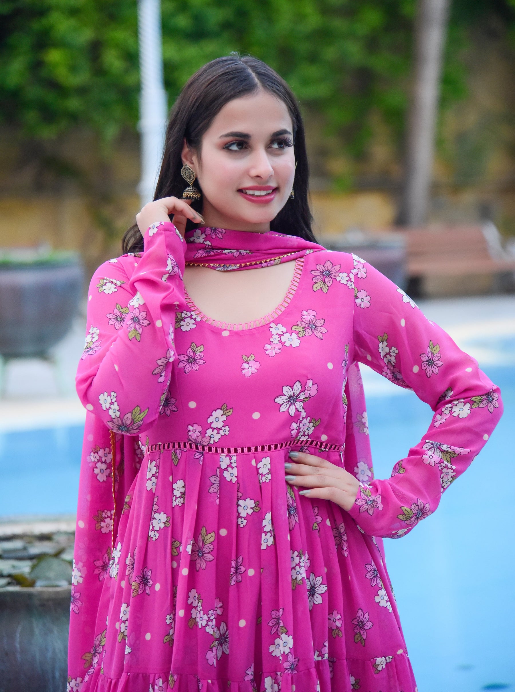 Pink Floral Anarkali Set