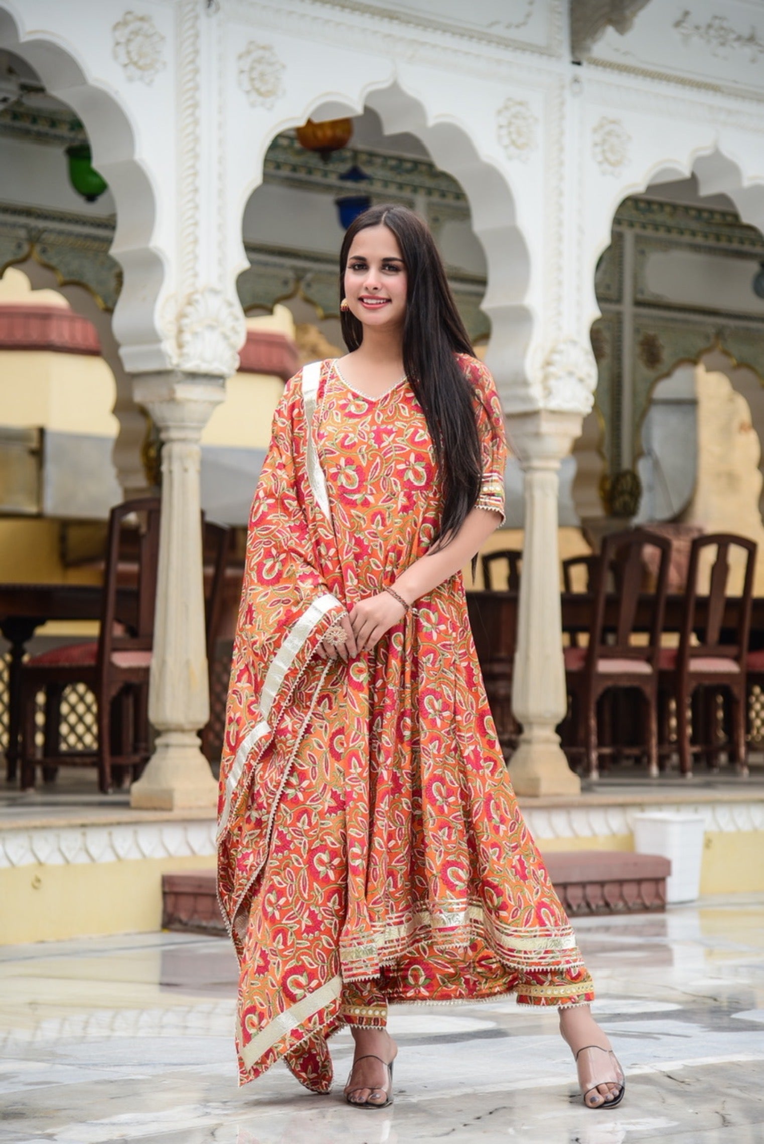 Orangish Pink Gota Work Suit Set