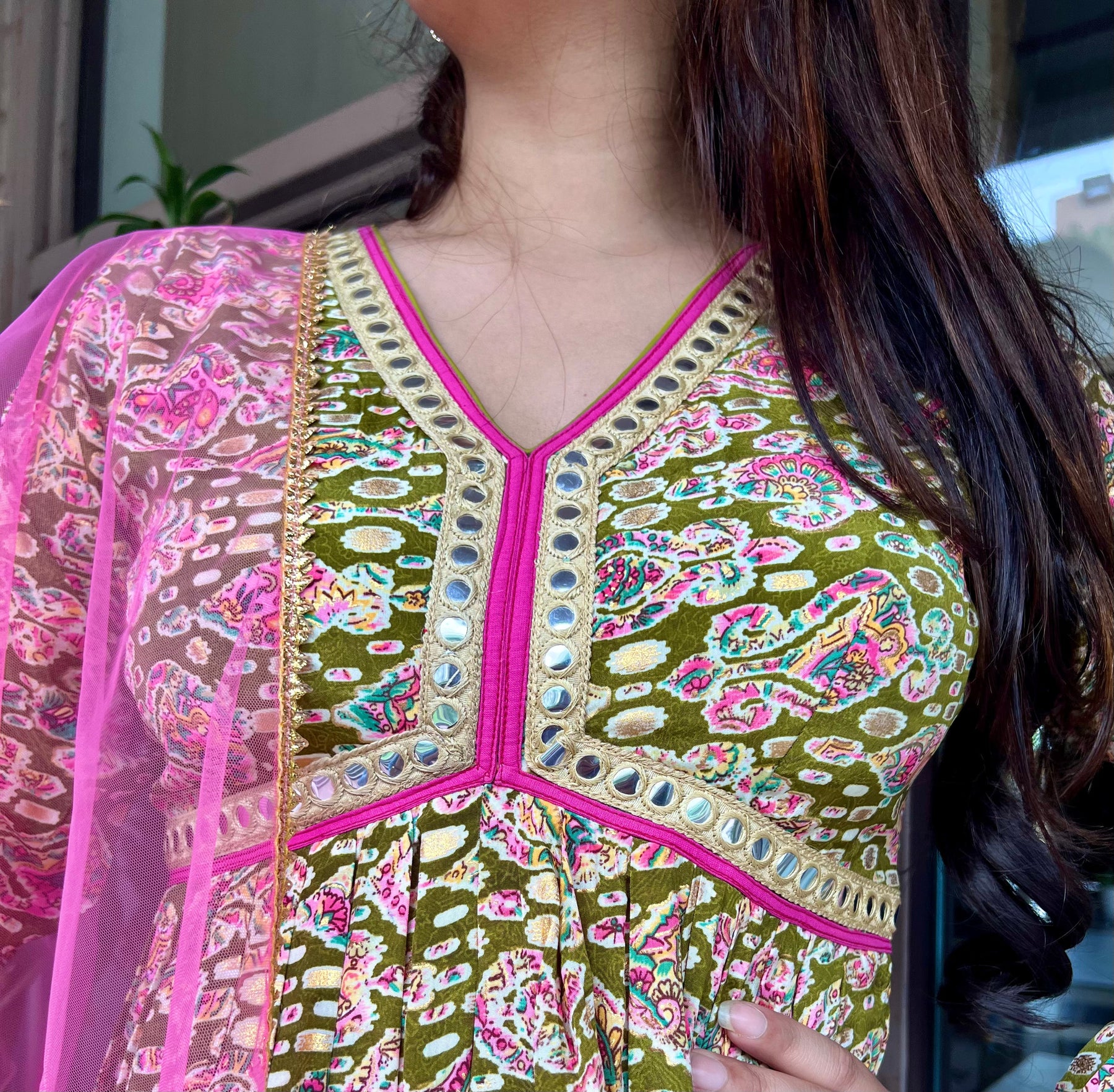 Green & Pink Alia Cut Suit Set