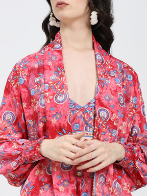 Puff Sleeves Kimono and Shorts Coordinate Set (3 Piece)- Pink Potion