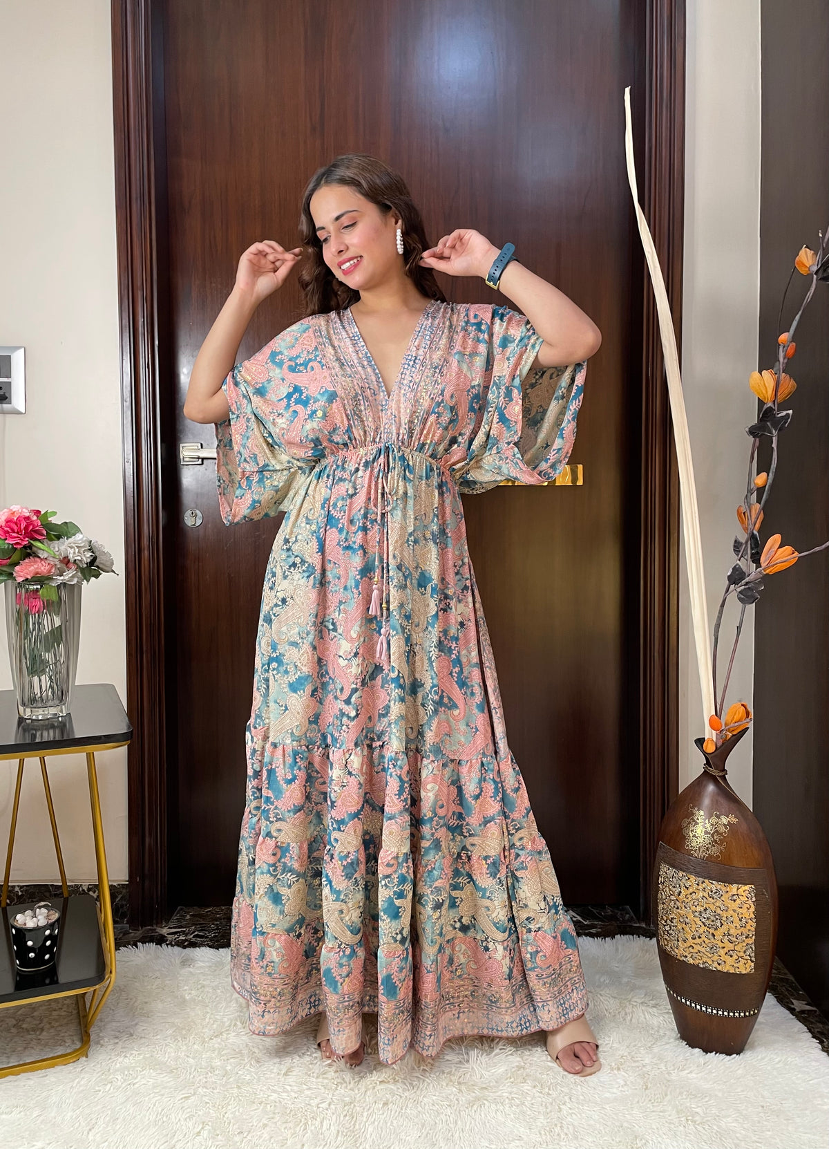 Kaftan pattern boho foil printed maxi dress - Candy Skyline