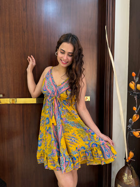 Frilled Flair Back Boho Printed Short Dress-Sunshine Yellow SmisingBee