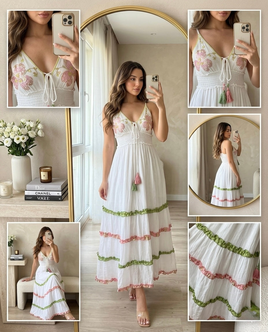 Trending🔥 - Ethereal Bloom Tiered Boho Maxi Dress – White