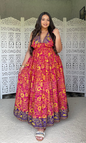 Halter Neck Multi Panel Boho printed Maxi Dress - Sunset Splendor