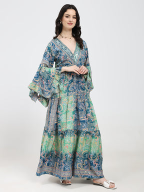 Ruffle Sleeves Boho Maxi Dress- Blue Green