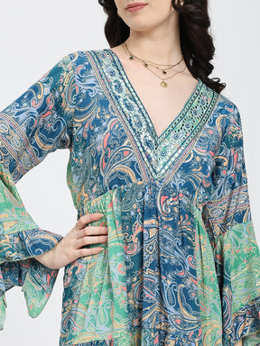 Ruffle Sleeves Boho Maxi Dress- Blue Green