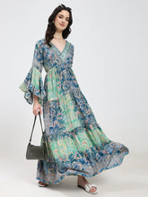 Ruffle Sleeves Boho Maxi Dress- Blue Green